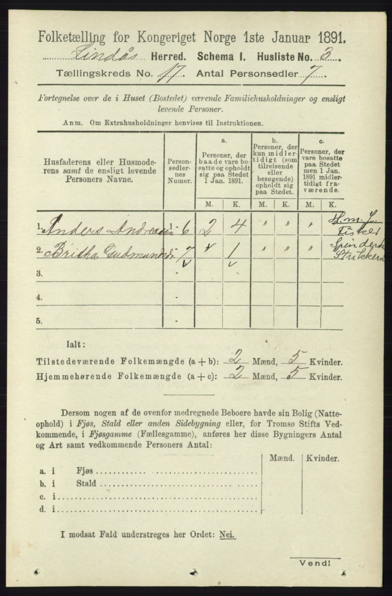 RA, 1891 census for 1263 Lindås, 1891, p. 6084