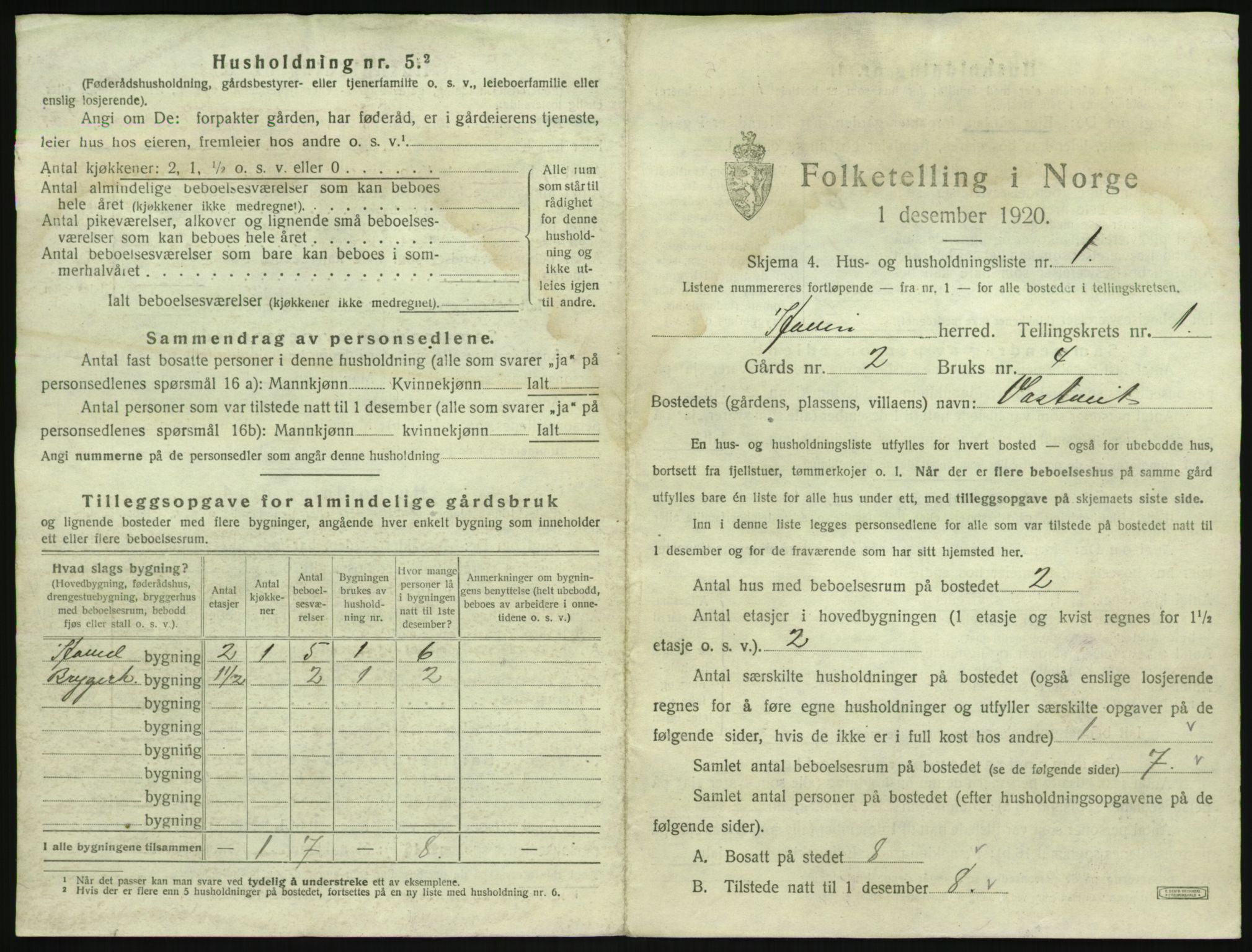 SAKO, 1920 census for Hovin, 1920, p. 33