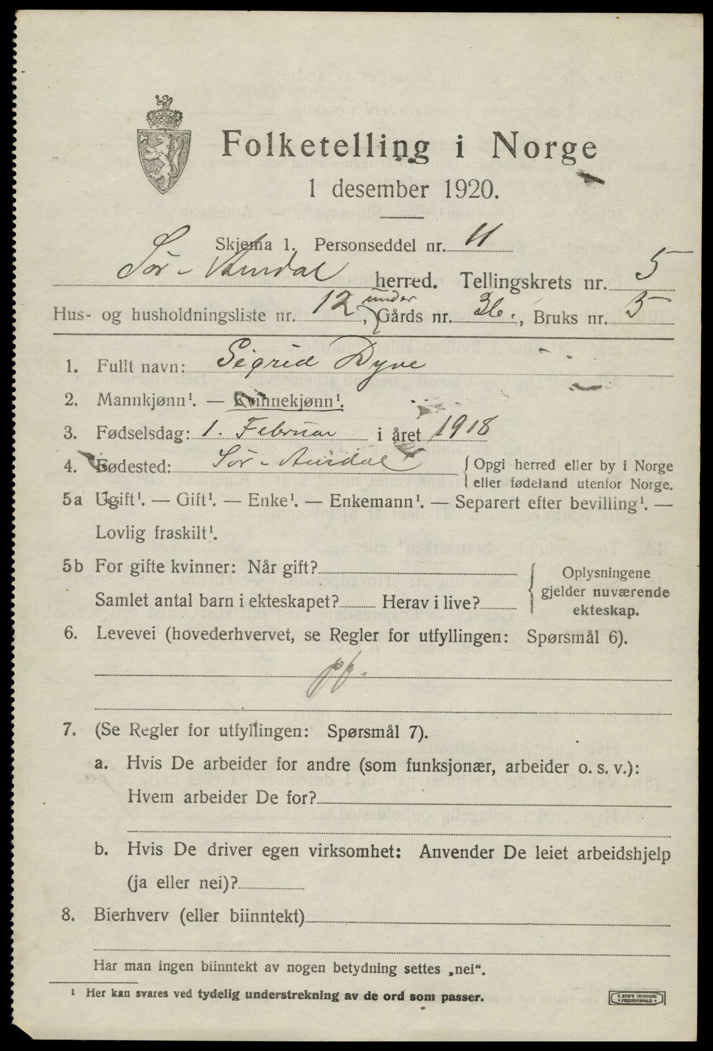 SAH, 1920 census for Sør-Aurdal, 1920, p. 2891