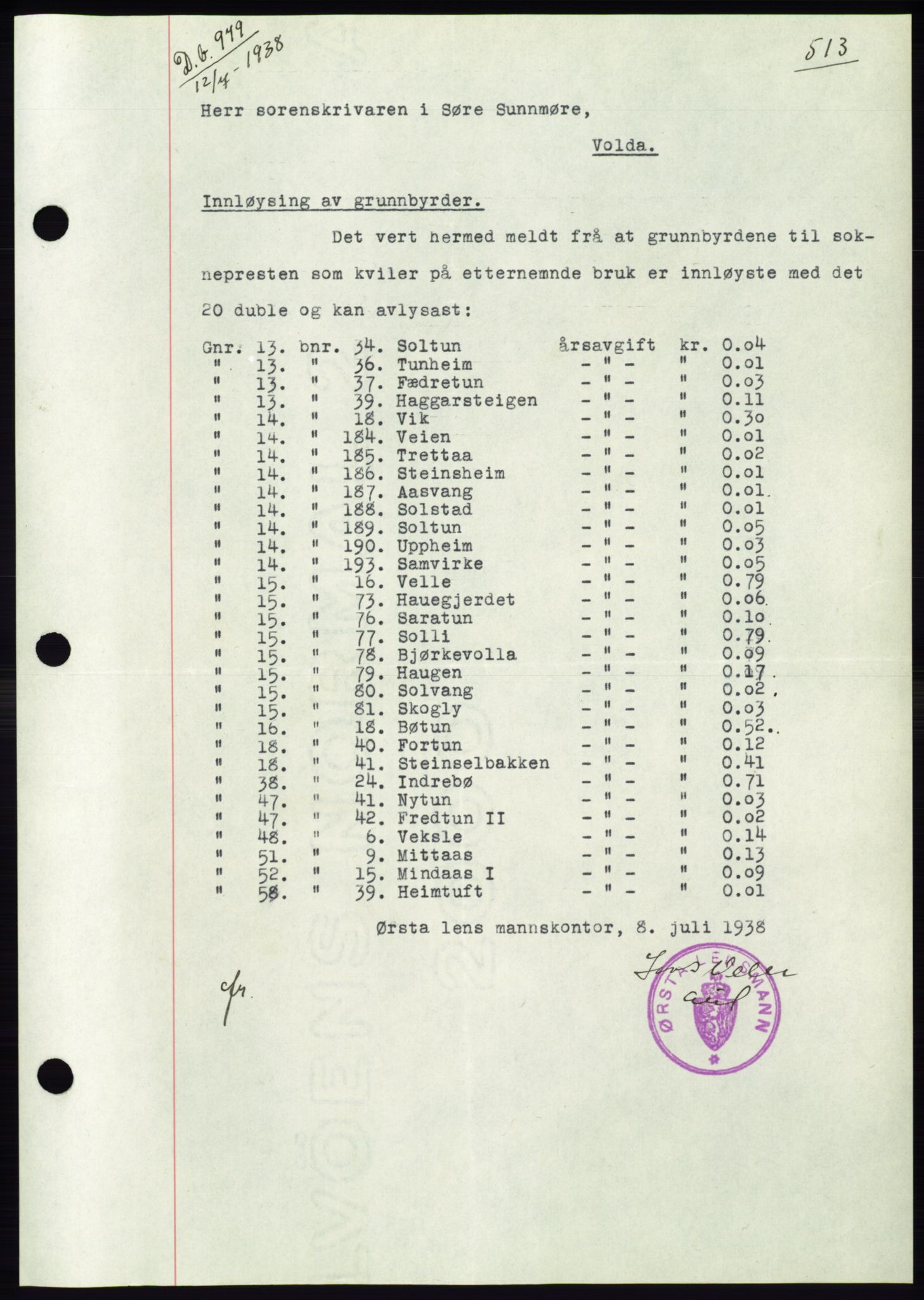 Søre Sunnmøre sorenskriveri, AV/SAT-A-4122/1/2/2C/L0065: Mortgage book no. 59, 1938-1938, Diary no: : 979/1938