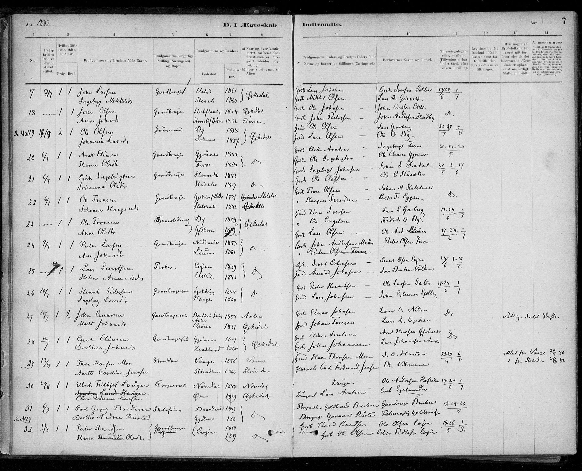 Ministerialprotokoller, klokkerbøker og fødselsregistre - Sør-Trøndelag, SAT/A-1456/668/L0810: Parish register (official) no. 668A10, 1881-1894, p. 7