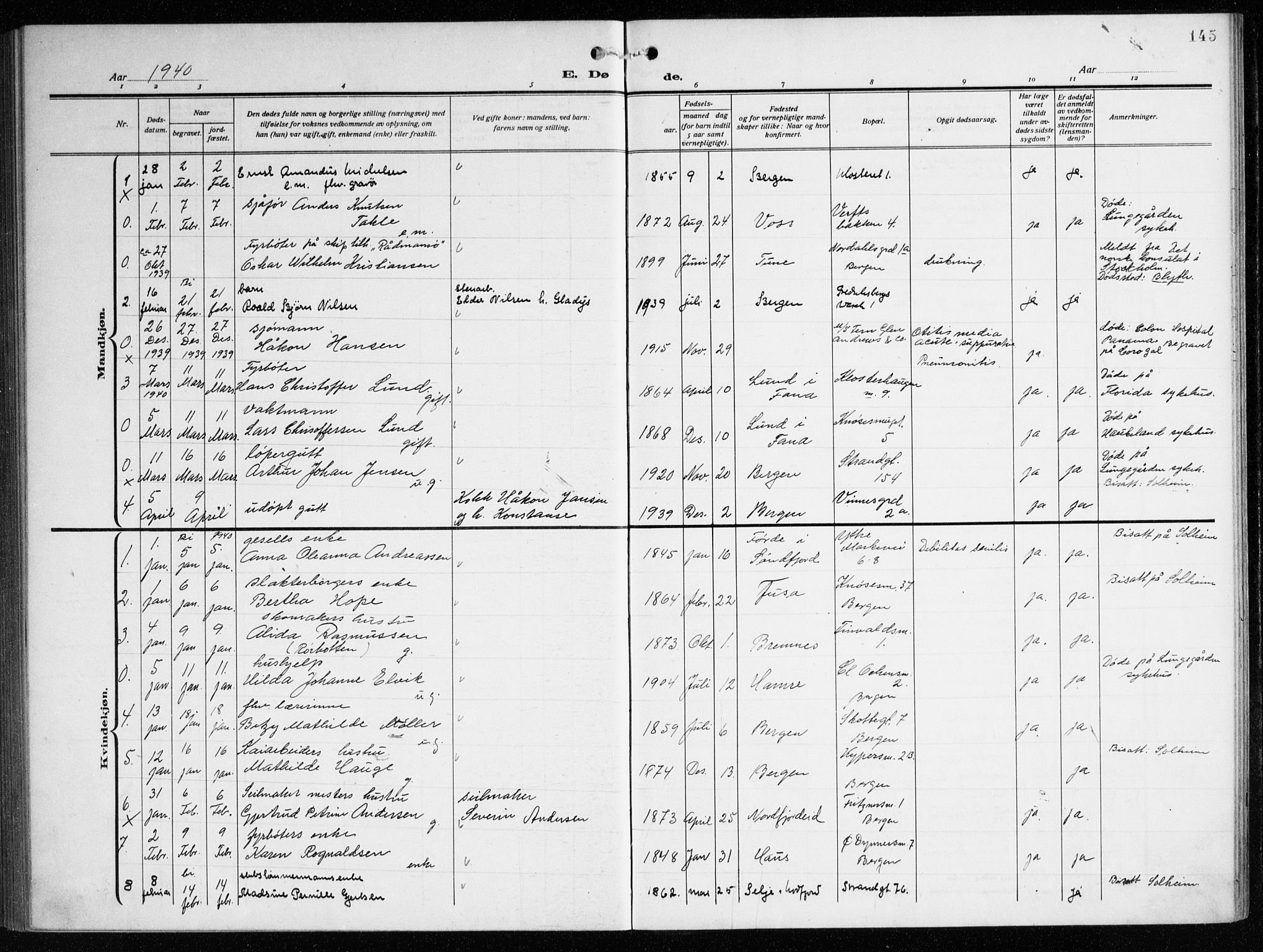 Nykirken Sokneprestembete, AV/SAB-A-77101/H/Haa/L0046: Parish register (official) no. E 6, 1918-1944, p. 145