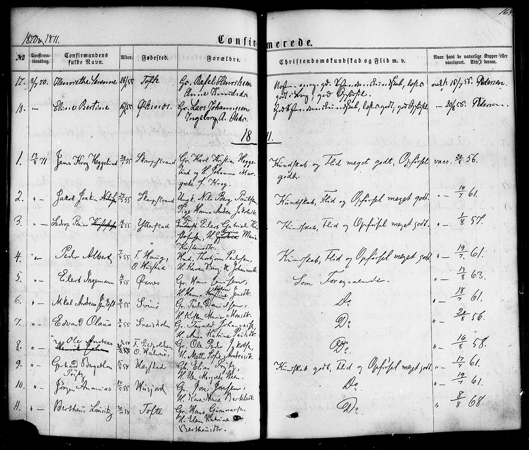 Ministerialprotokoller, klokkerbøker og fødselsregistre - Nordland, AV/SAT-A-1459/872/L1034: Parish register (official) no. 872A09, 1864-1884, p. 164