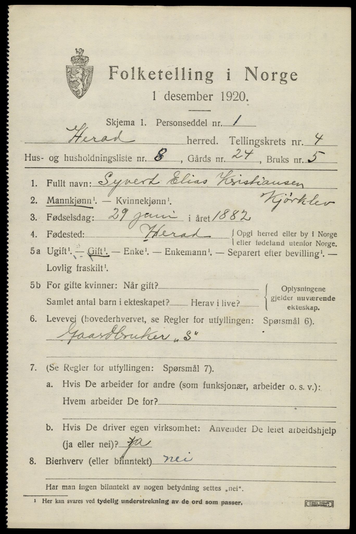 SAK, 1920 census for Herad, 1920, p. 1806