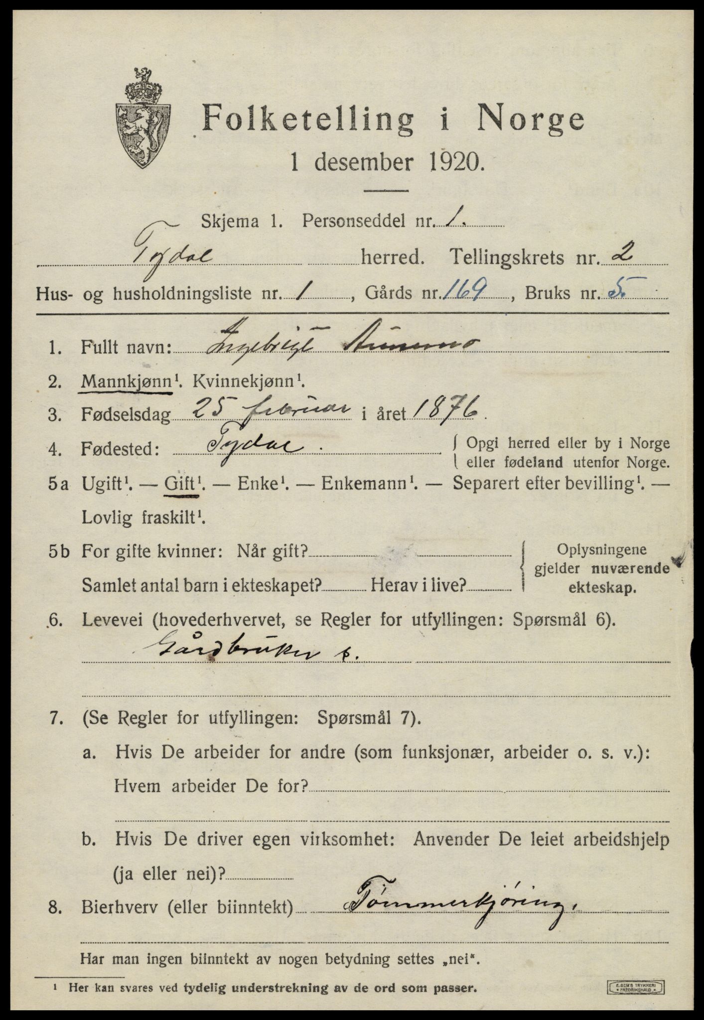 SAT, 1920 census for Tydal, 1920, p. 567