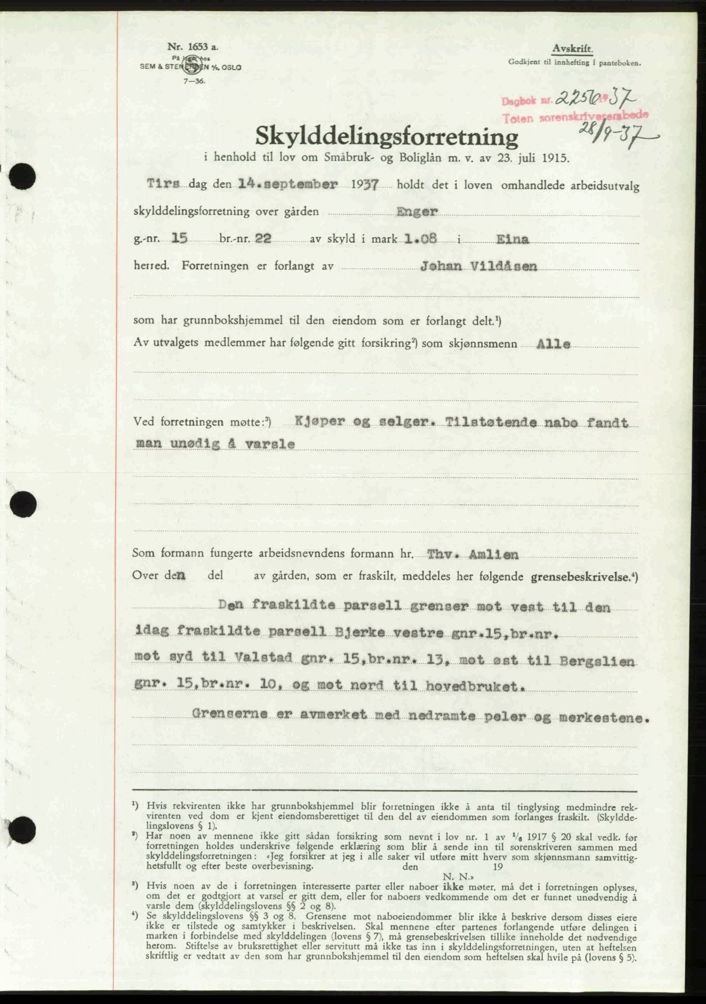Toten tingrett, SAH/TING-006/H/Hb/Hbc/L0003: Mortgage book no. Hbc-03, 1937-1938, Diary no: : 2256/1937