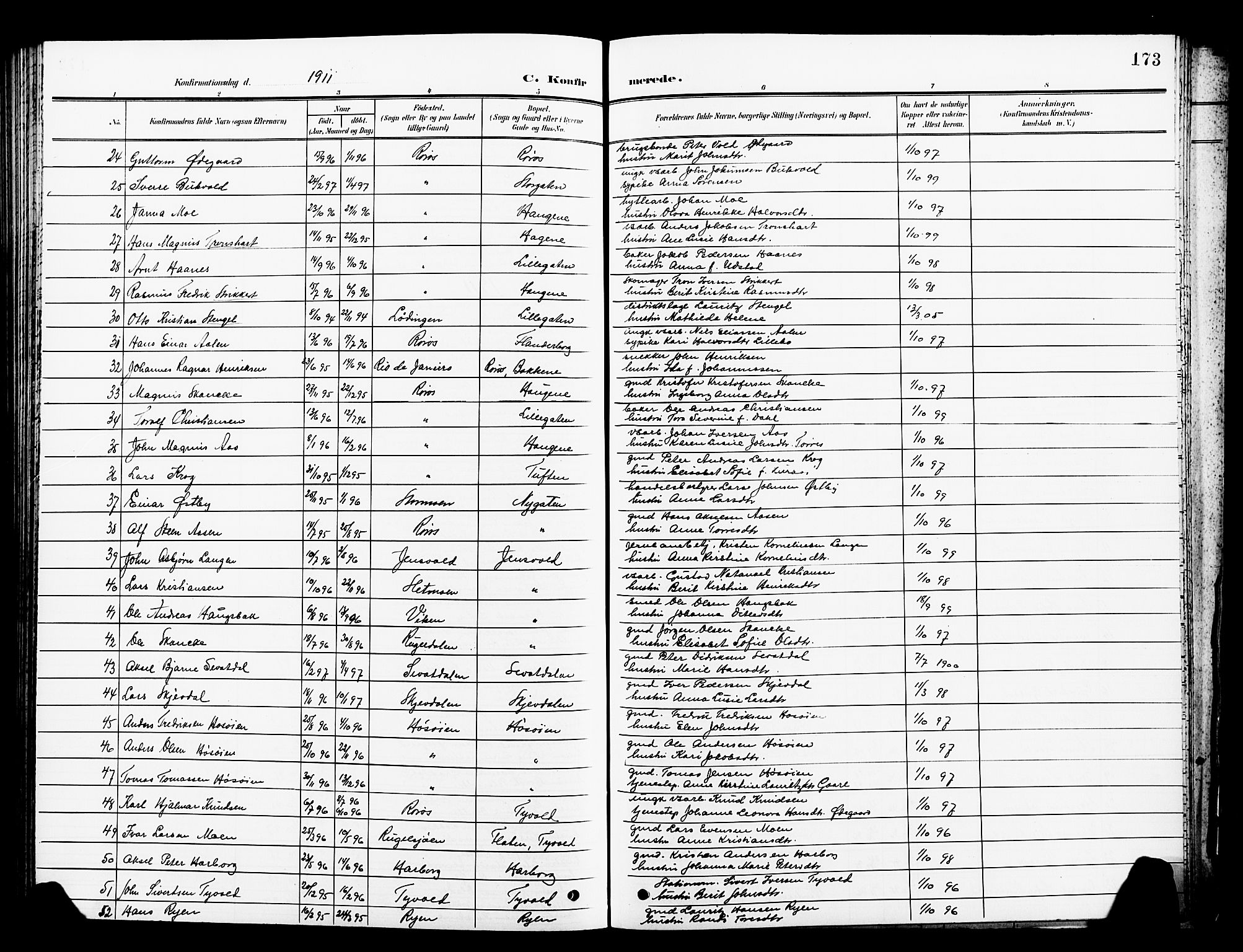 Ministerialprotokoller, klokkerbøker og fødselsregistre - Sør-Trøndelag, SAT/A-1456/681/L0942: Parish register (copy) no. 681C06, 1906-1925, p. 173