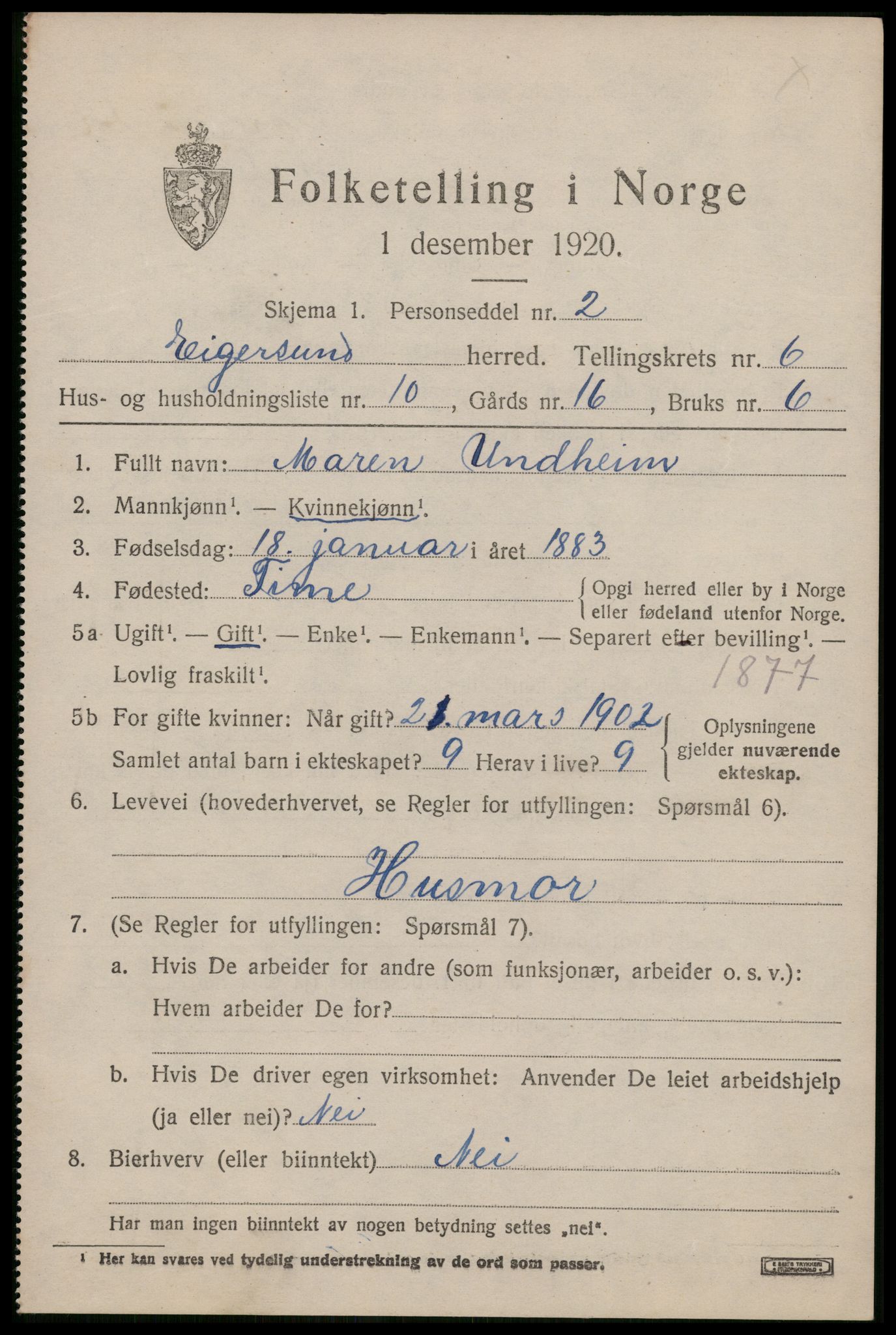 SAST, 1920 census for Eigersund, 1920, p. 3995