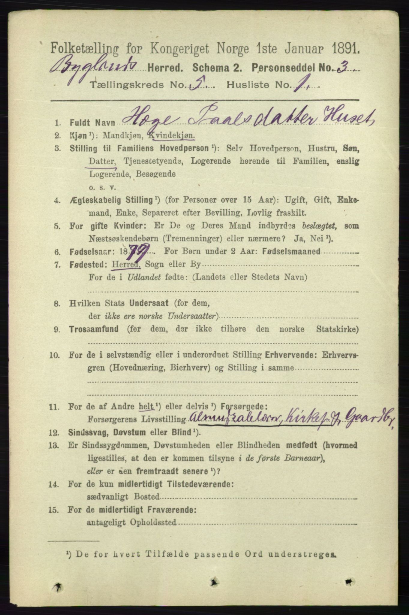 RA, 1891 census for 0938 Bygland, 1891, p. 1052