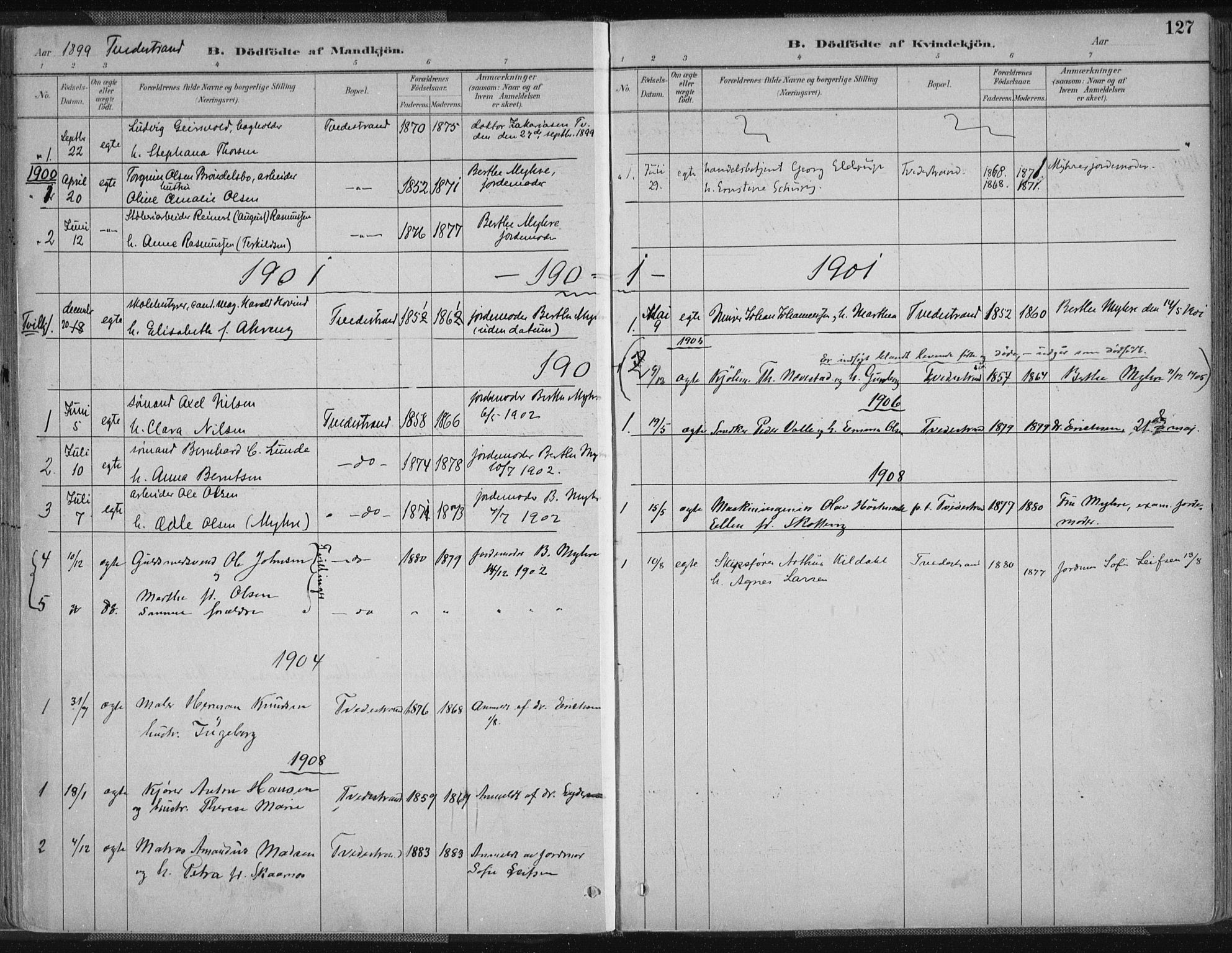 Tvedestrand sokneprestkontor, AV/SAK-1111-0042/F/Fa/L0001: Parish register (official) no. A 1, 1885-1916, p. 127