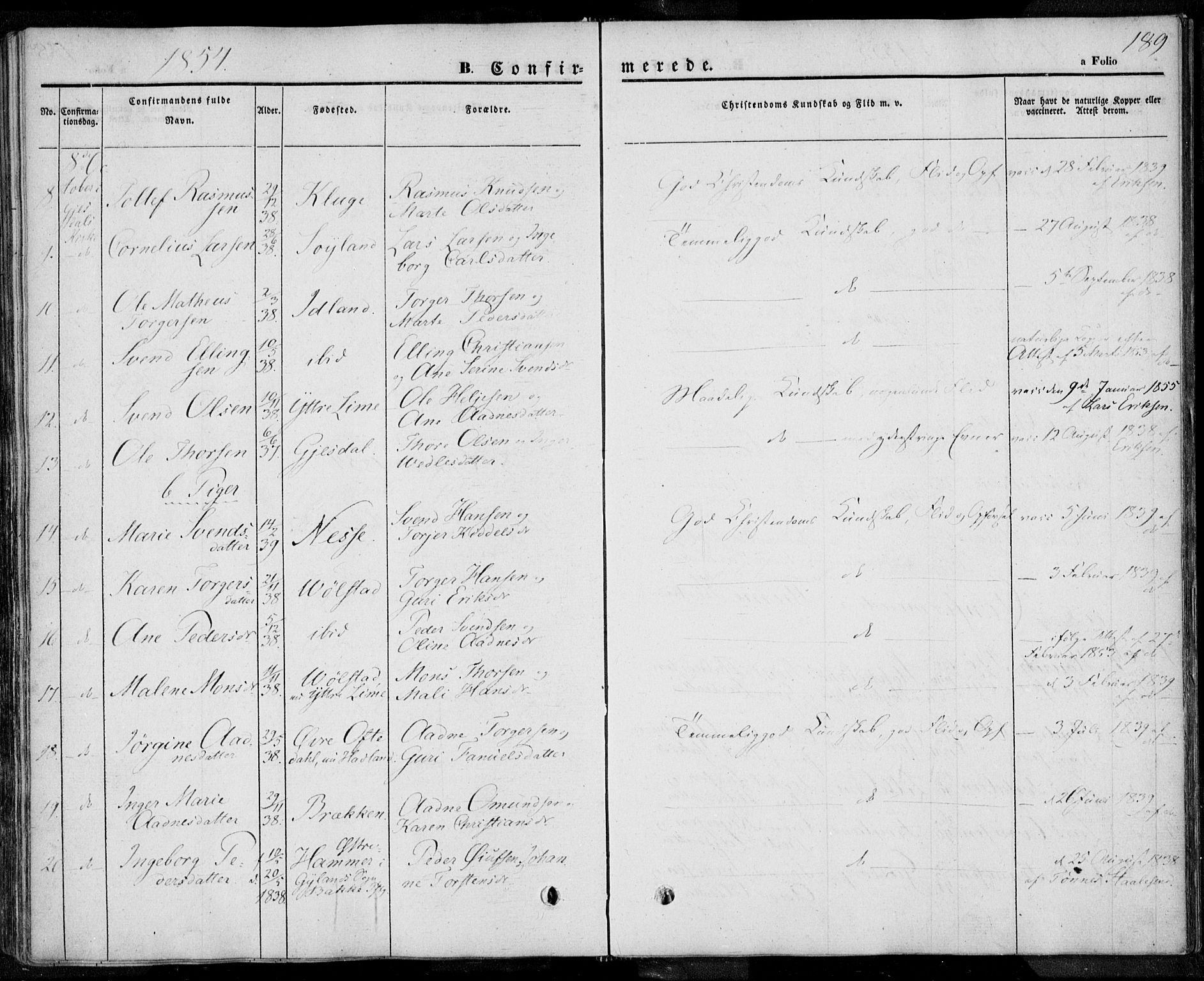 Lye sokneprestkontor, AV/SAST-A-101794/001/30BA/L0005: Parish register (official) no. A 5.1, 1842-1855, p. 189