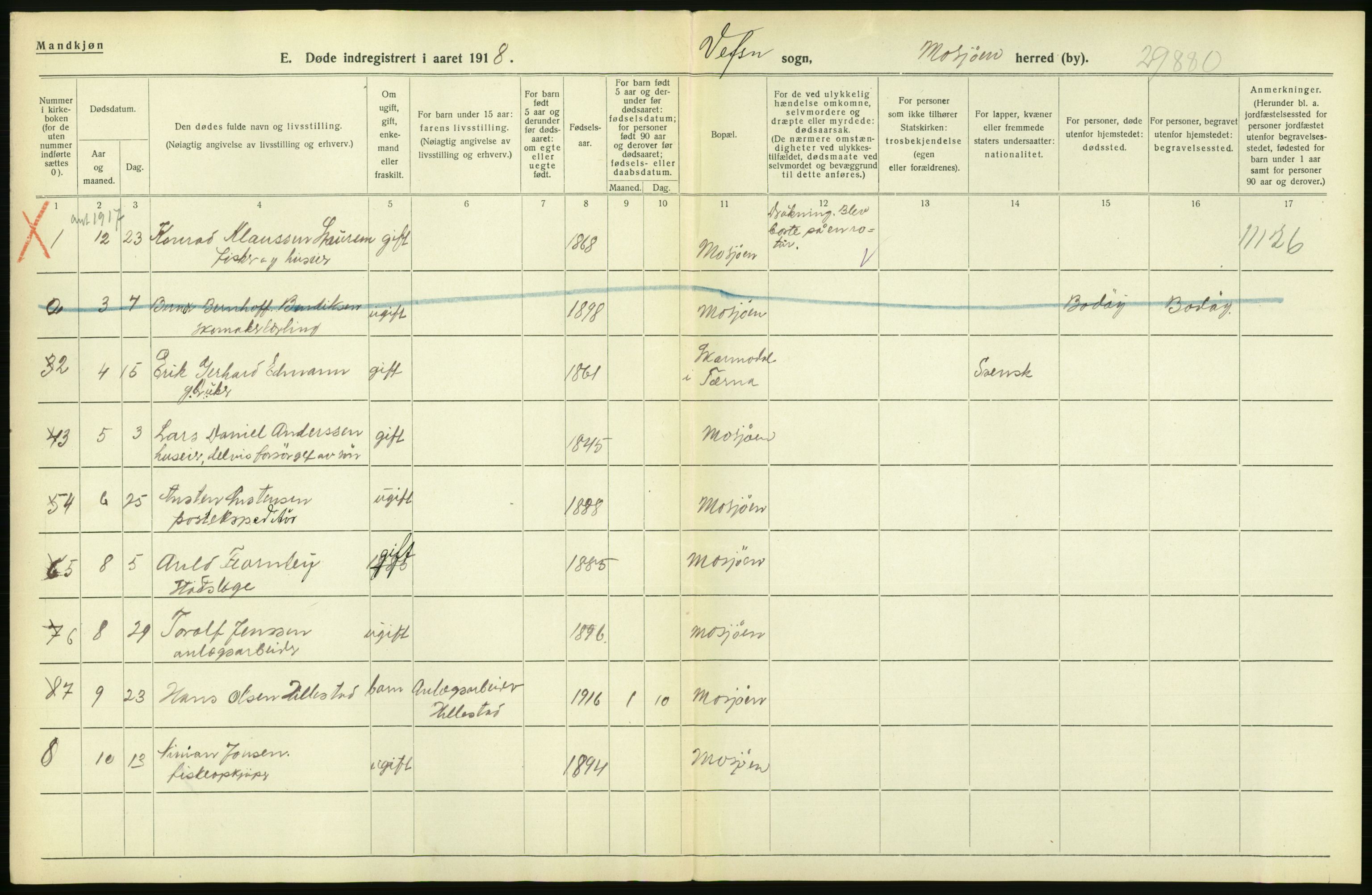 Statistisk sentralbyrå, Sosiodemografiske emner, Befolkning, RA/S-2228/D/Df/Dfb/Dfbh/L0055: Nordland fylke: Døde. Bygder og byer., 1918, p. 34