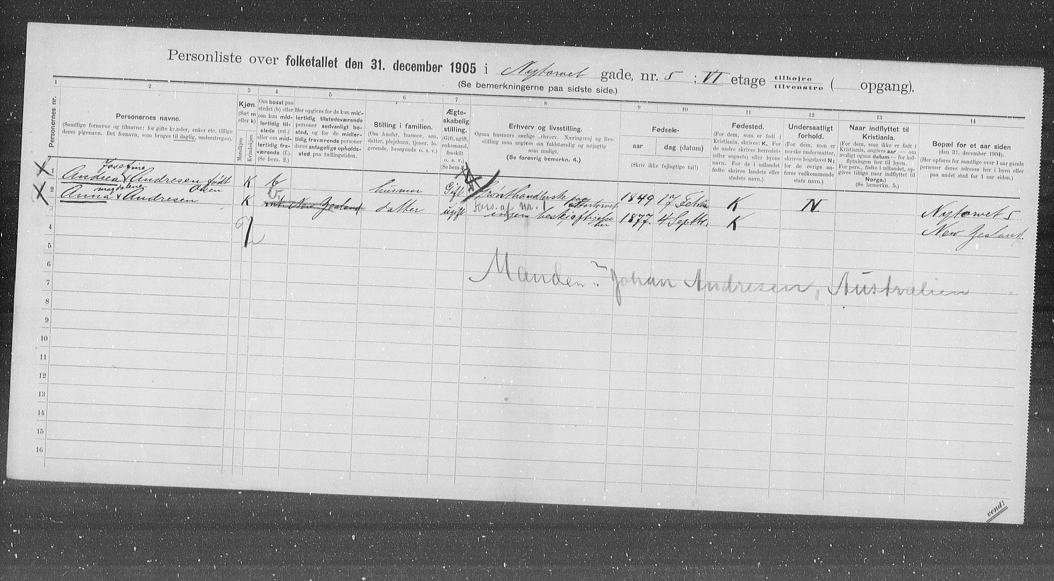 OBA, Municipal Census 1905 for Kristiania, 1905, p. 39054