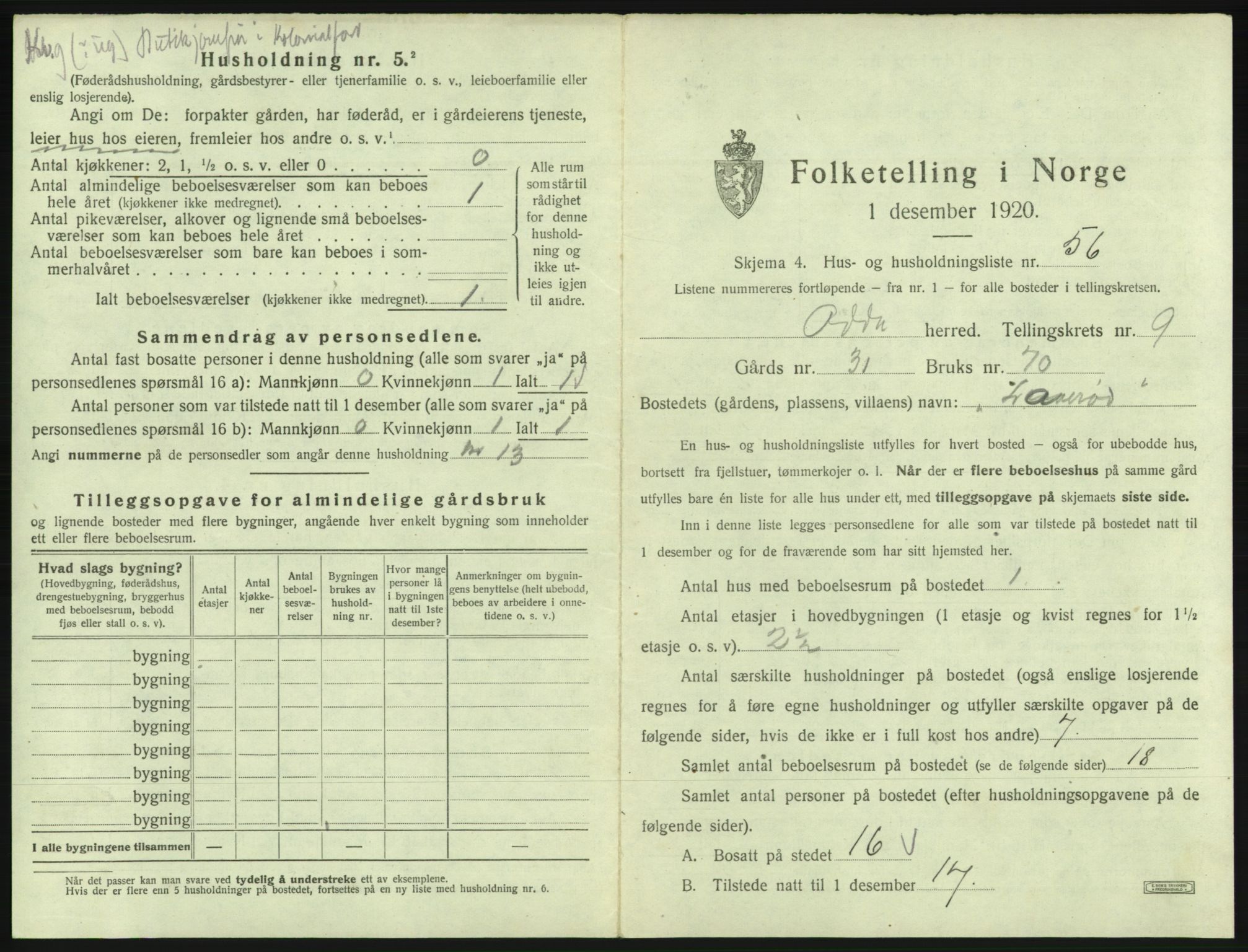 SAB, 1920 census for Odda, 1920, p. 867