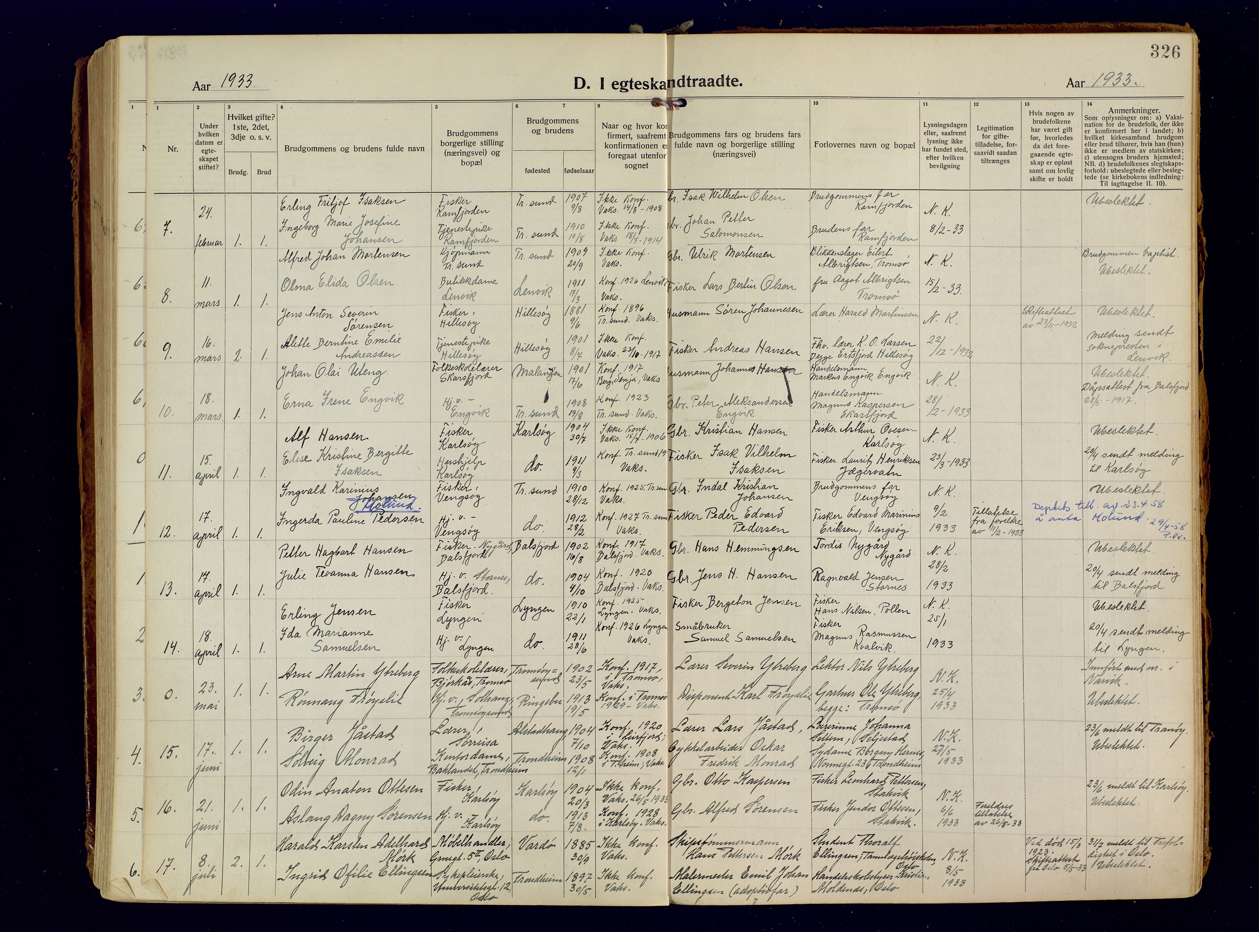 Tromsøysund sokneprestkontor, AV/SATØ-S-1304/G/Ga/L0009kirke: Parish register (official) no. 9, 1922-1934, p. 326