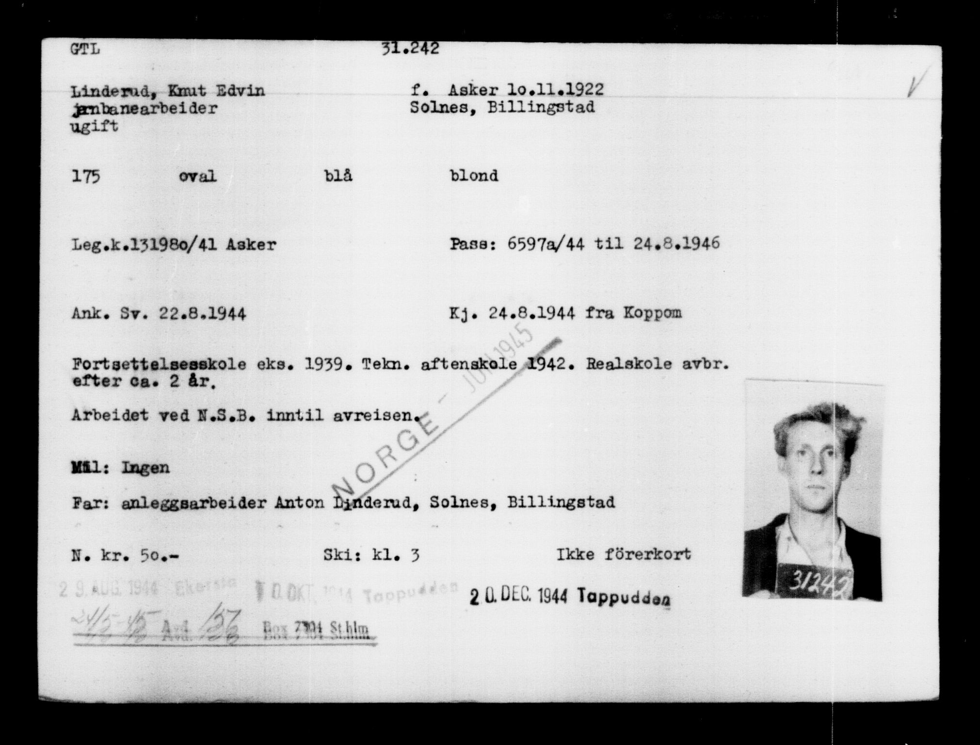 Utenriksstasjonene, Legasjonen i Stockholm, Flyktningkontoret, AV/RA-S-6753/V/Va/L0012: Kjesäterkartoteket, flyktninger med registreringsnr. 28300-31566, 1940-1945, p. 3186