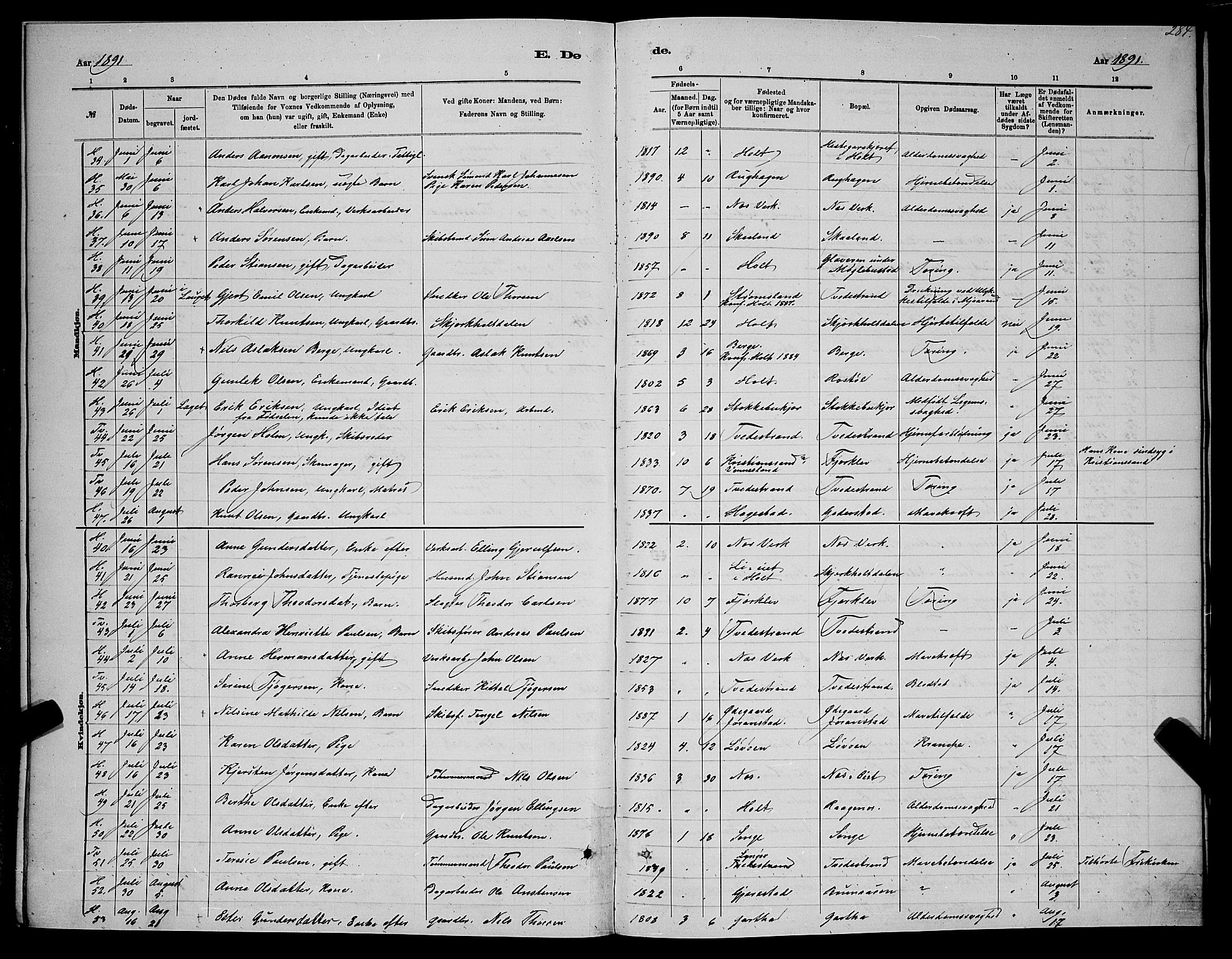 Holt sokneprestkontor, SAK/1111-0021/F/Fb/L0010: Parish register (copy) no. B 10, 1883-1896, p. 284