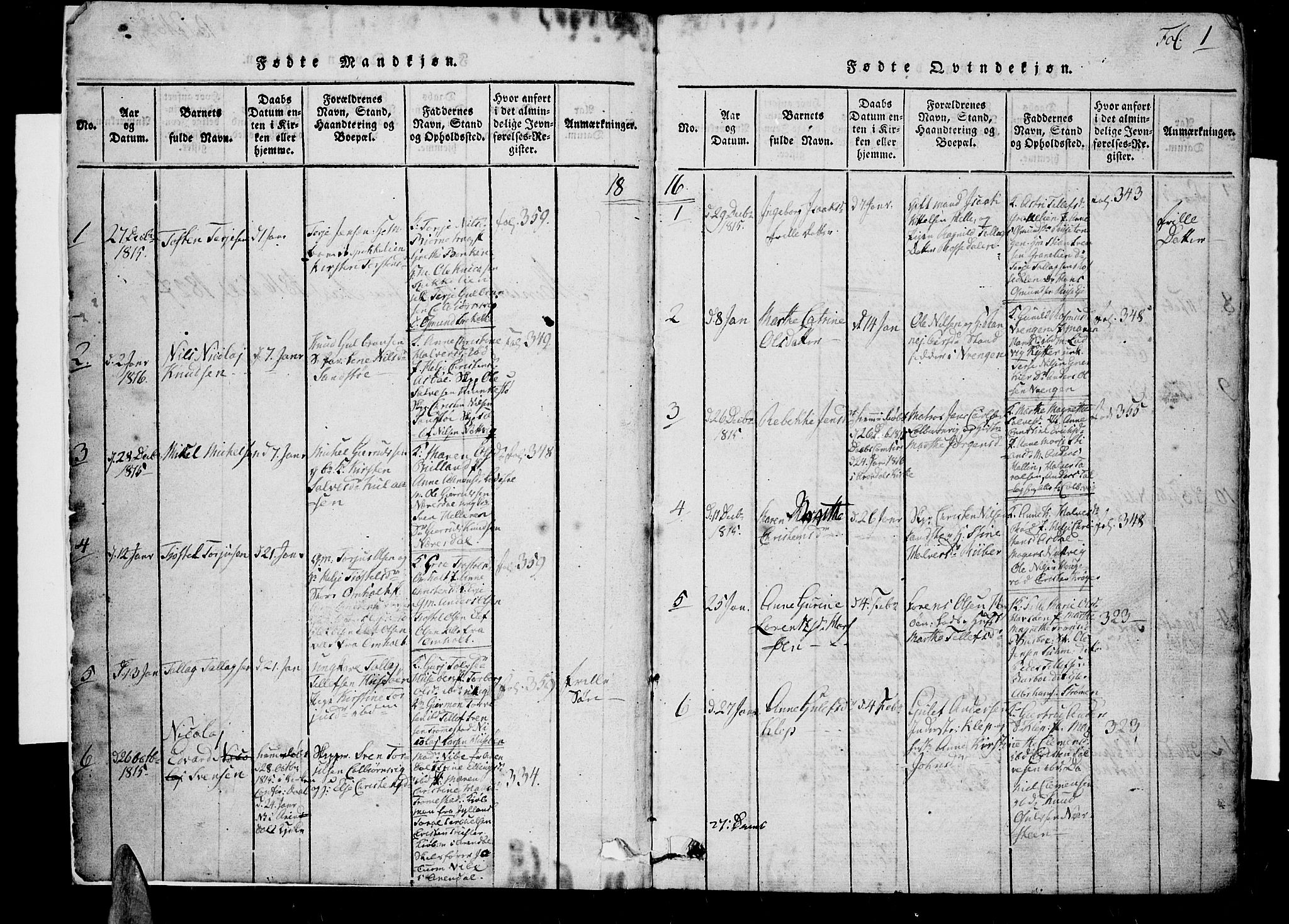 Øyestad sokneprestkontor, SAK/1111-0049/F/Fb/L0003: Parish register (copy) no. B 3, 1816-1827, p. 1
