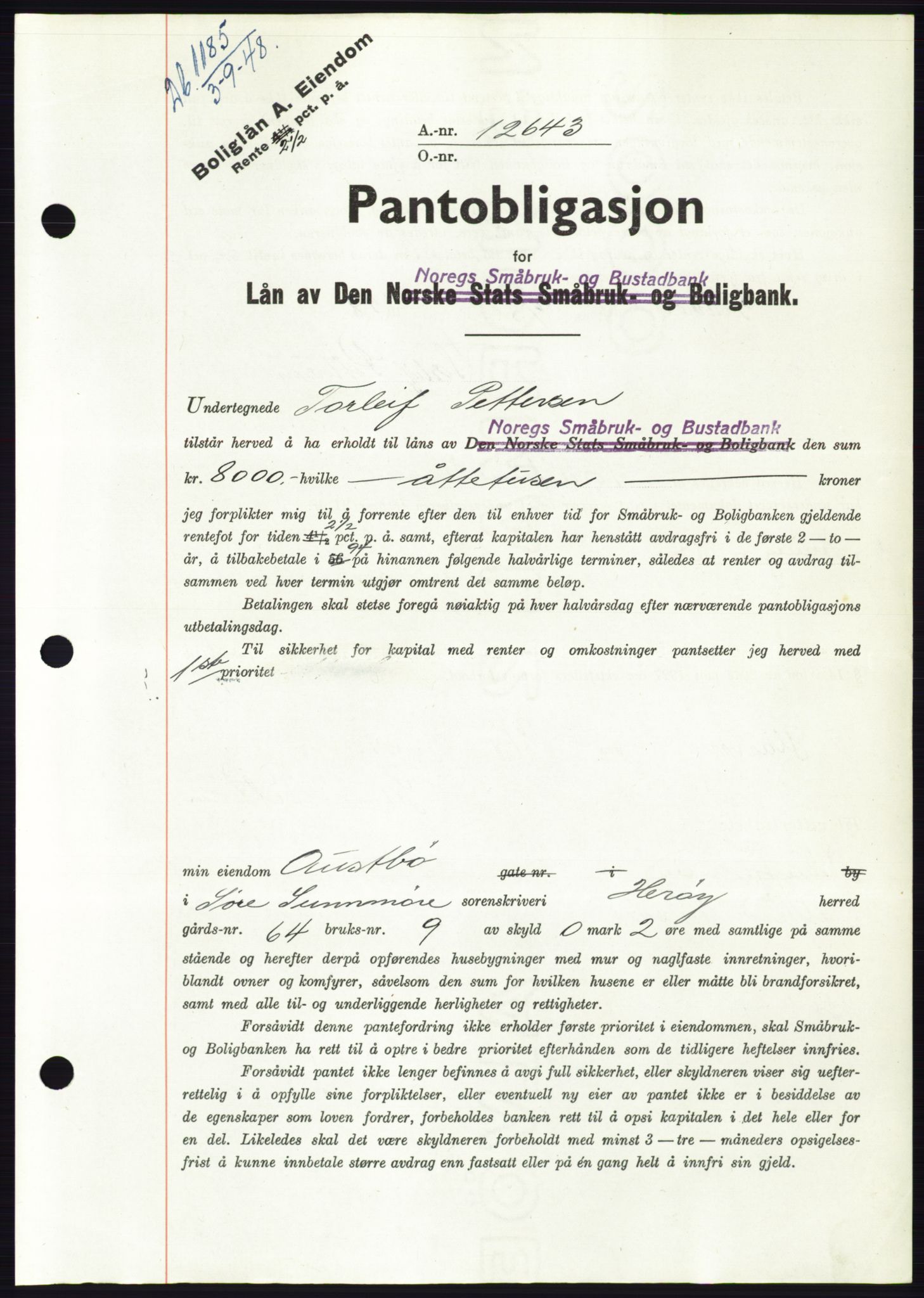 Søre Sunnmøre sorenskriveri, AV/SAT-A-4122/1/2/2C/L0116: Mortgage book no. 4B, 1948-1949, Diary no: : 1185/1948