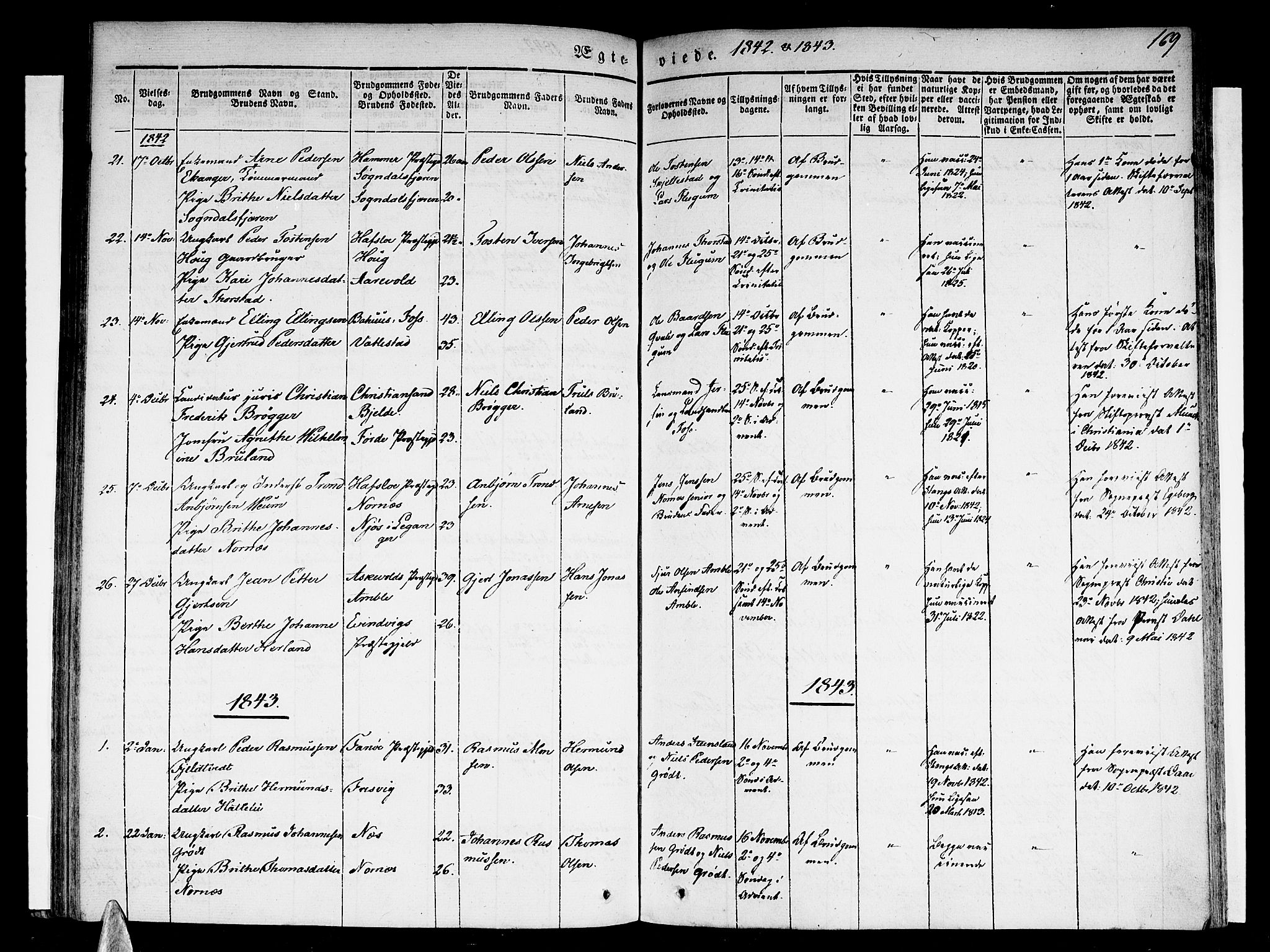Sogndal sokneprestembete, SAB/A-81301/H/Haa/Haaa/L0011: Parish register (official) no. A 11, 1839-1847, p. 169