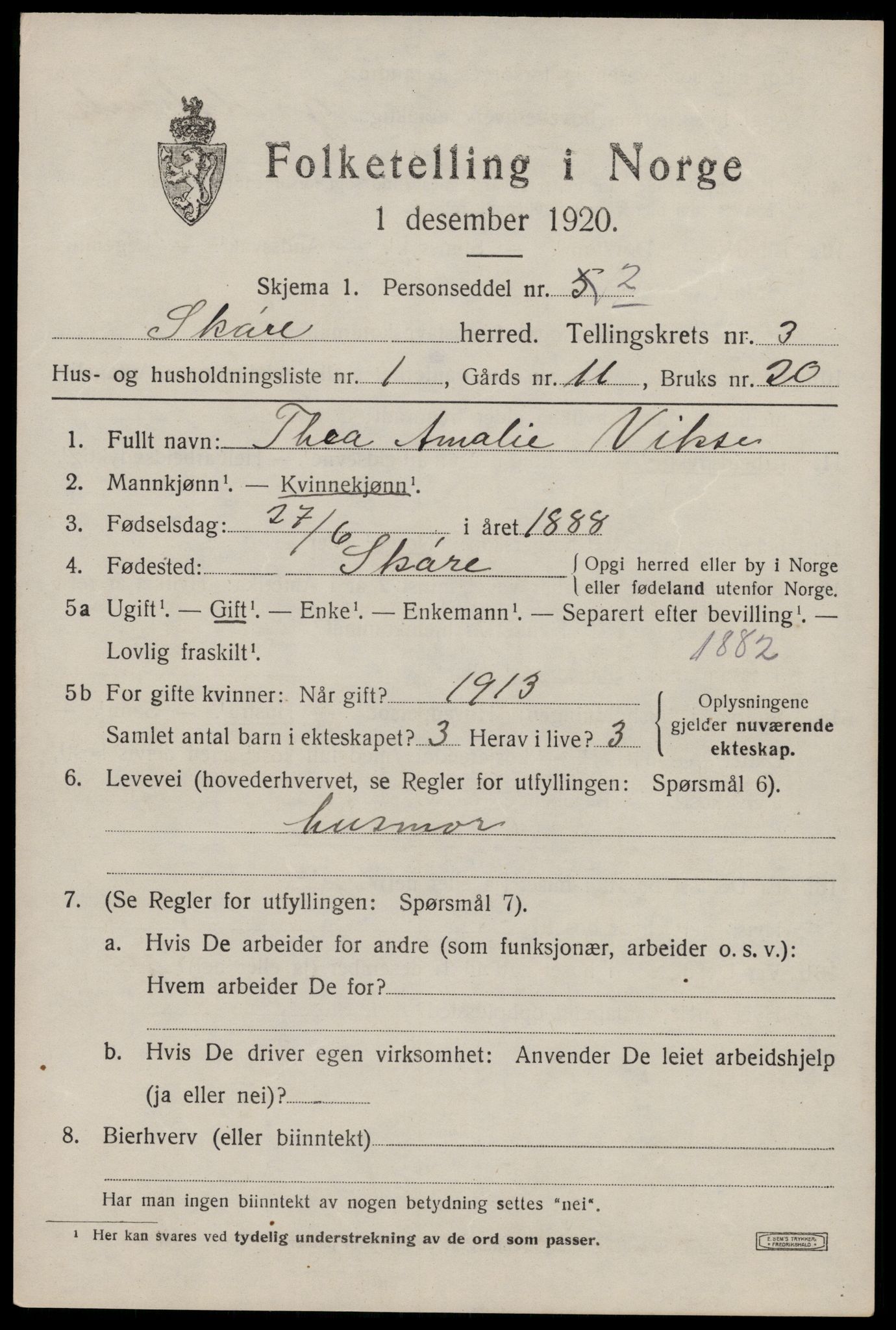 SAST, 1920 census for Skåre, 1920, p. 1626