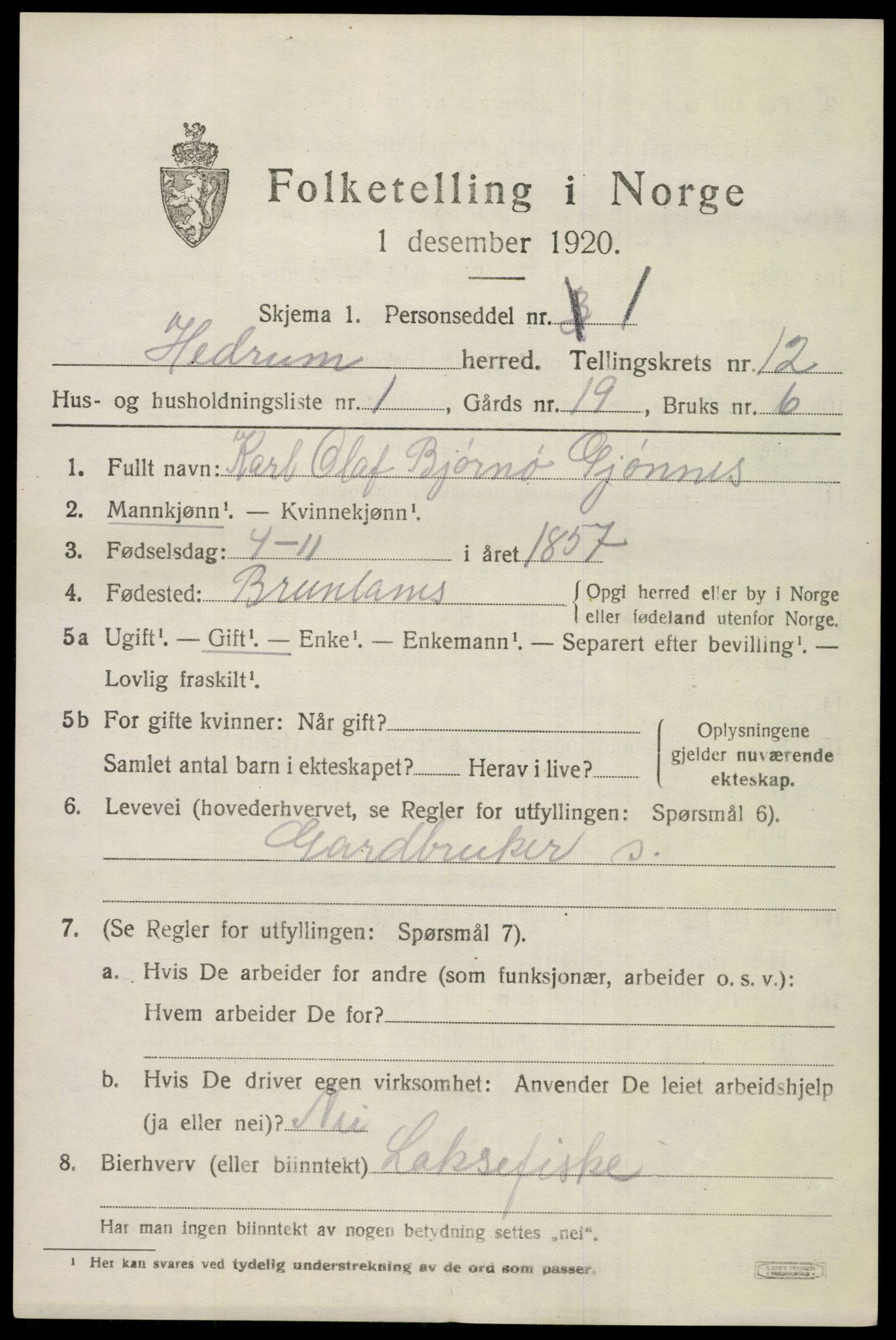 SAKO, 1920 census for Hedrum, 1920, p. 8021