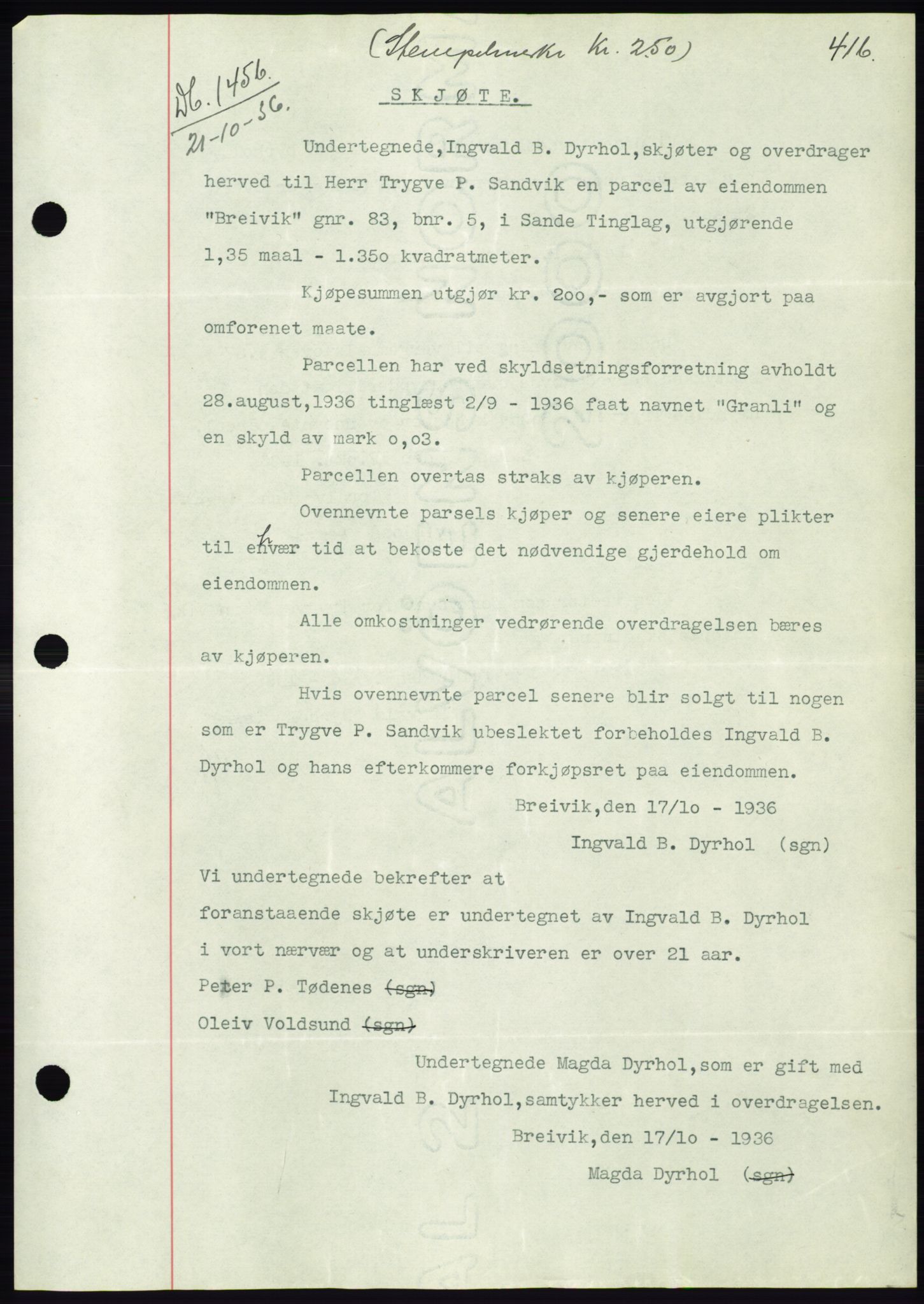 Søre Sunnmøre sorenskriveri, AV/SAT-A-4122/1/2/2C/L0061: Mortgage book no. 55, 1936-1936, Diary no: : 1456/1936