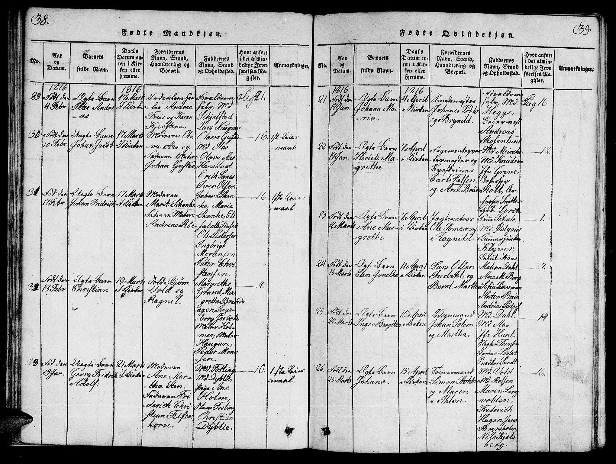 Ministerialprotokoller, klokkerbøker og fødselsregistre - Sør-Trøndelag, SAT/A-1456/601/L0043: Parish register (official) no. 601A11, 1815-1821, p. 38-39