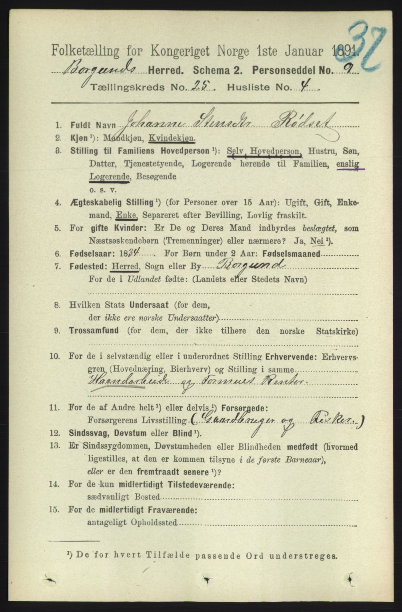 RA, 1891 census for 1531 Borgund, 1891, p. 7285