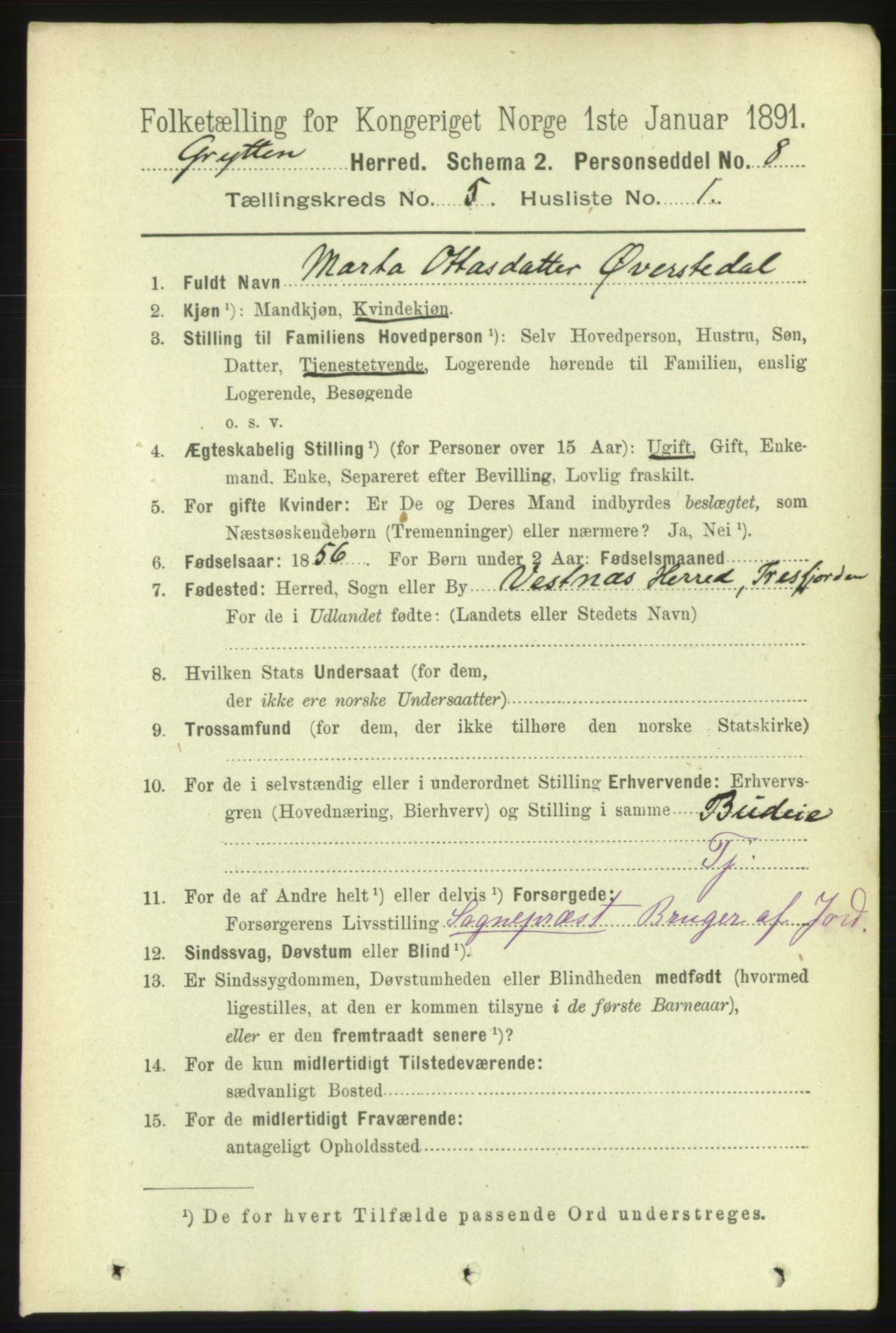 RA, 1891 census for 1539 Grytten, 1891, p. 1692