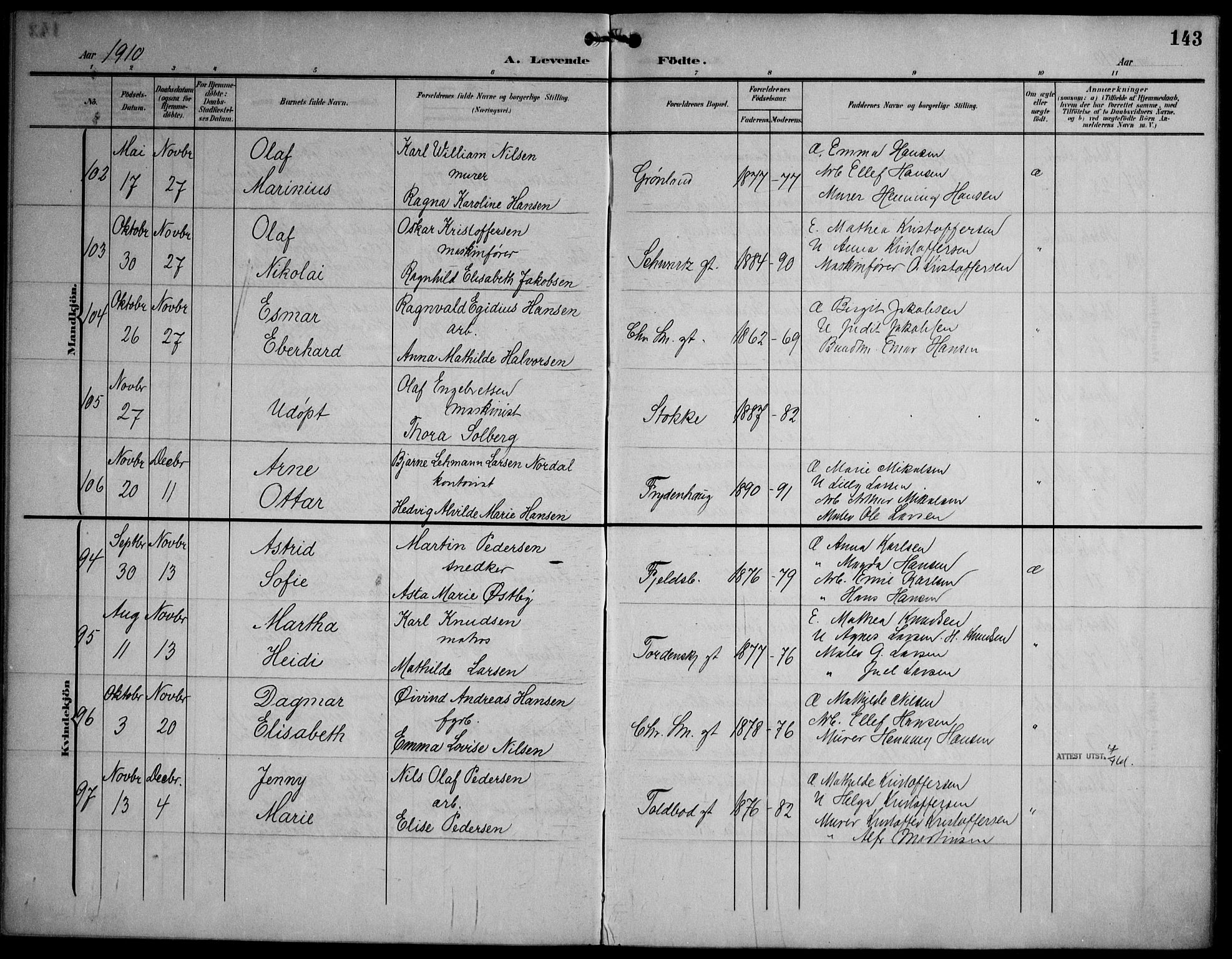 Strømsø kirkebøker, AV/SAKO-A-246/F/Fa/L0026: Parish register (official) no. I 26, 1905-1914, p. 143