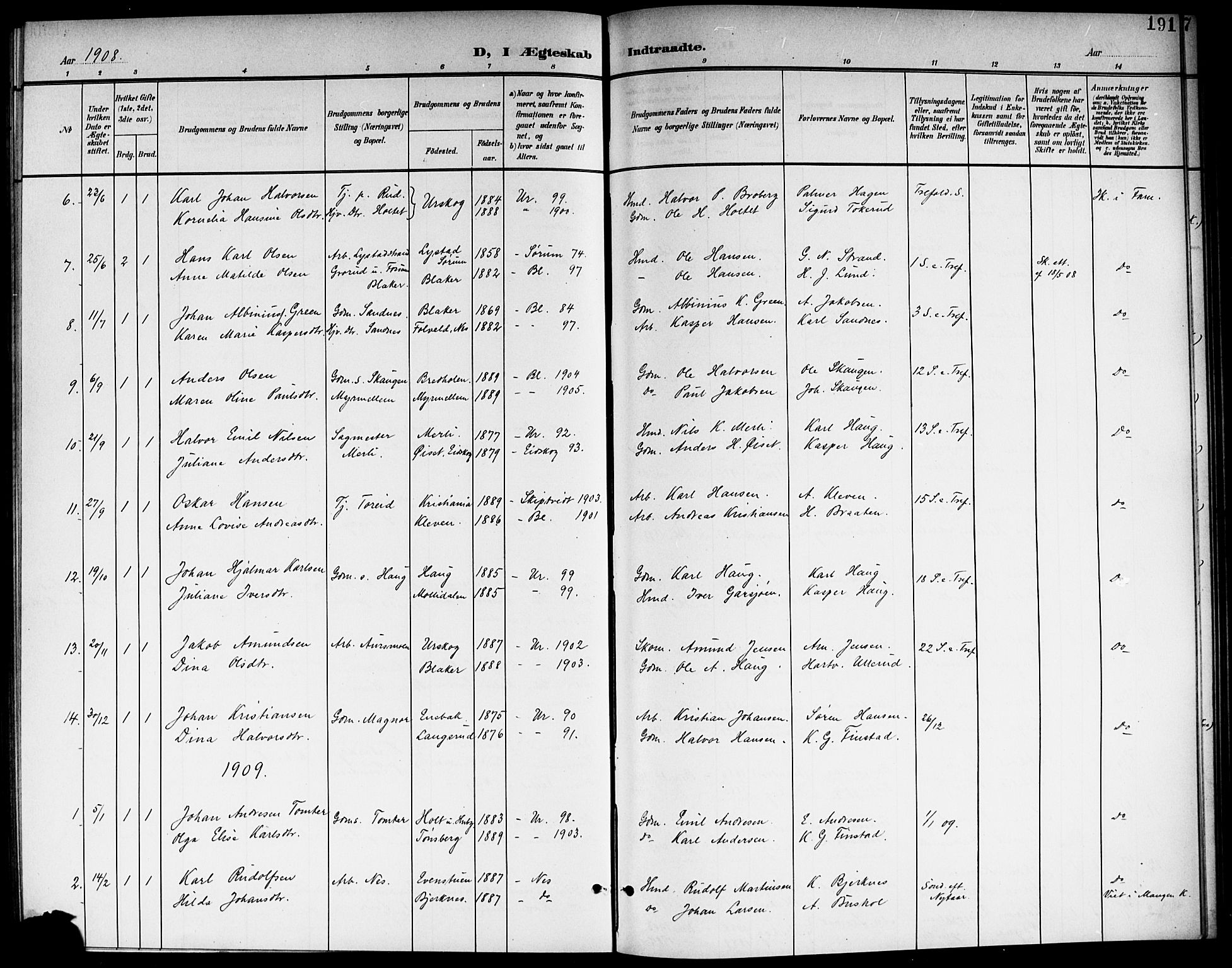 Aurskog prestekontor Kirkebøker, SAO/A-10304a/G/Ga/L0004: Parish register (copy) no. I 4, 1901-1921, p. 191