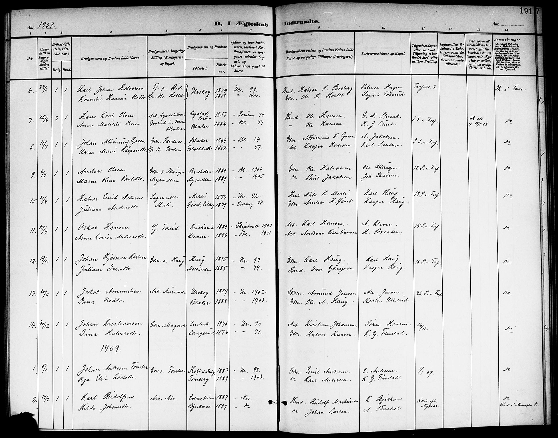 Aurskog prestekontor Kirkebøker, AV/SAO-A-10304a/G/Ga/L0004: Parish register (copy) no. I 4, 1901-1921, p. 191