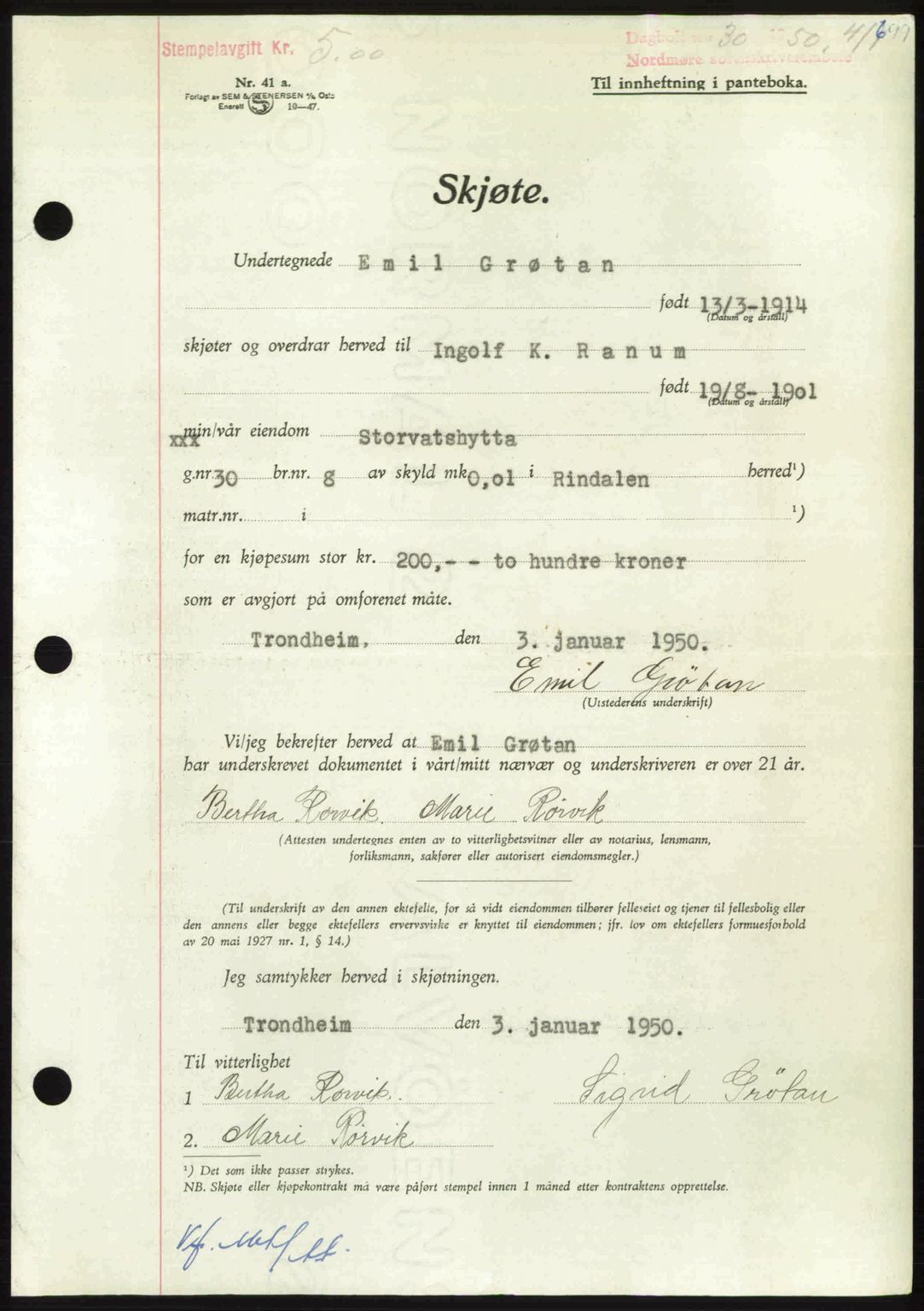 Nordmøre sorenskriveri, AV/SAT-A-4132/1/2/2Ca: Mortgage book no. A113, 1949-1950, Diary no: : 30/1950