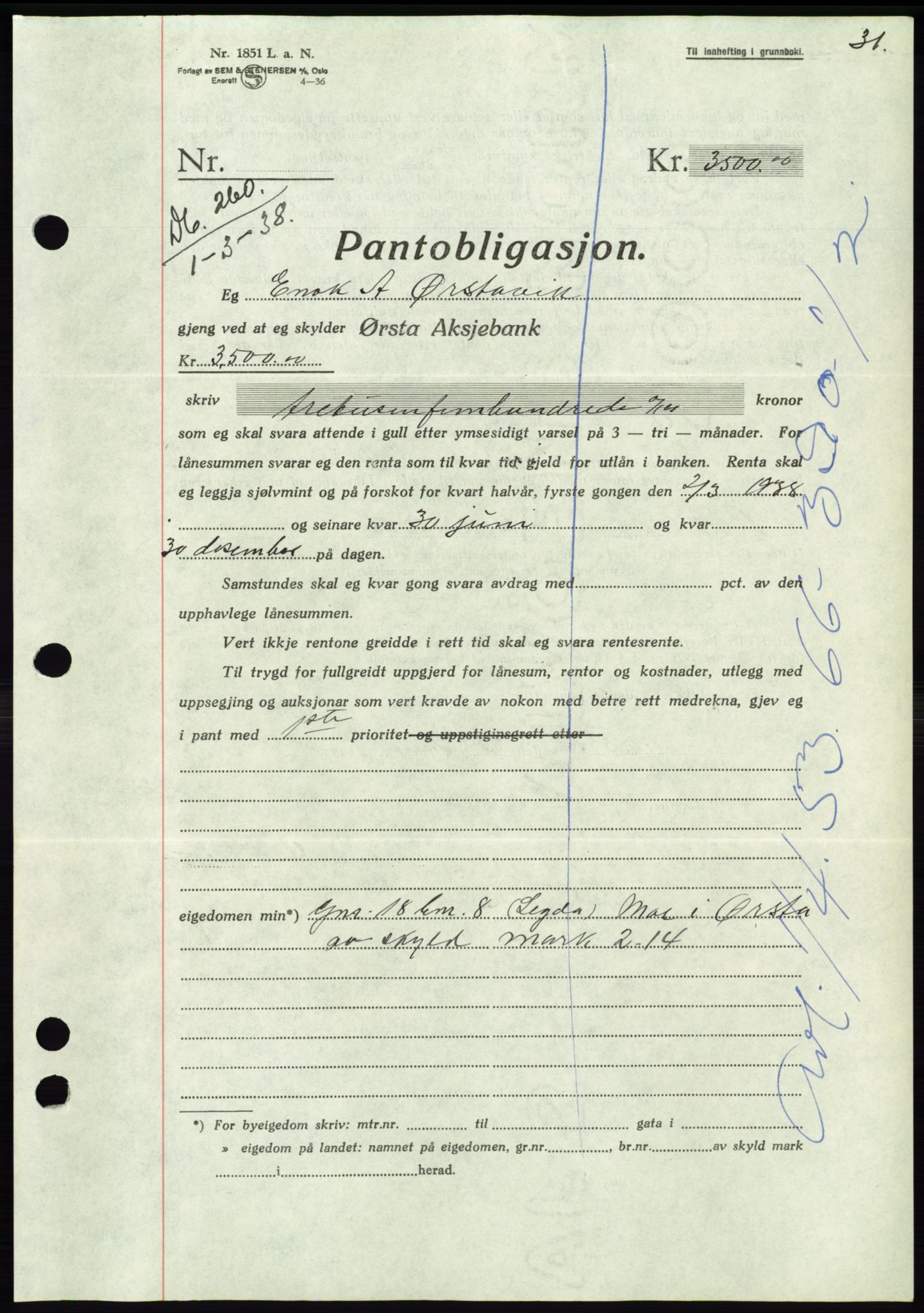 Søre Sunnmøre sorenskriveri, AV/SAT-A-4122/1/2/2C/L0065: Mortgage book no. 59, 1938-1938, Diary no: : 260/1938