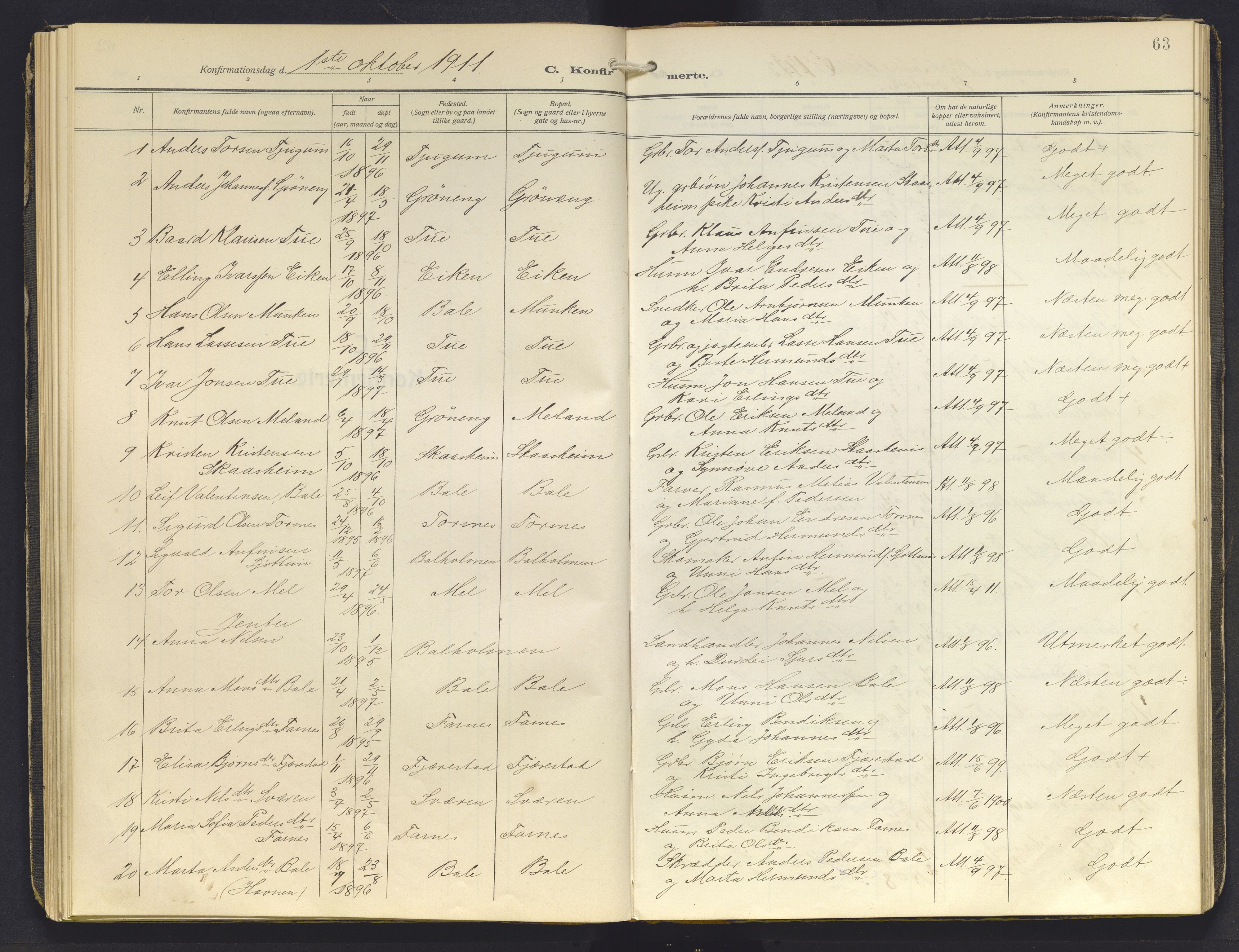 Balestrand sokneprestembete, AV/SAB-A-79601/H/Haa/Haab/L0002: Parish register (official) no. B 2, 1911-1932, p. 63