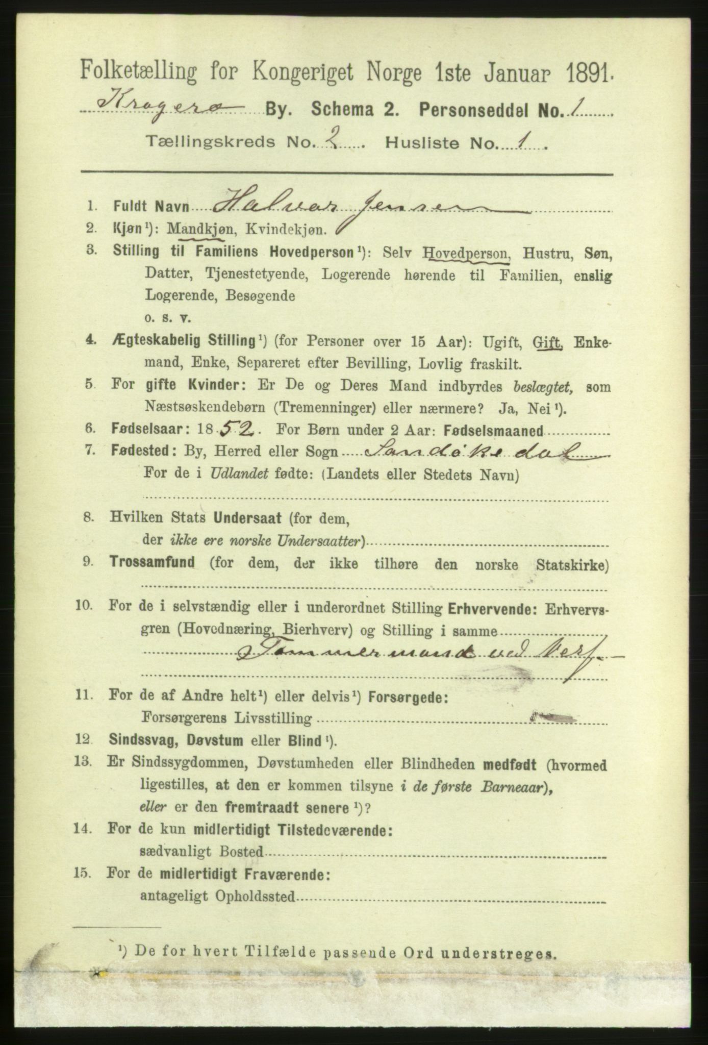 RA, 1891 census for 0801 Kragerø, 1891, p. 2506