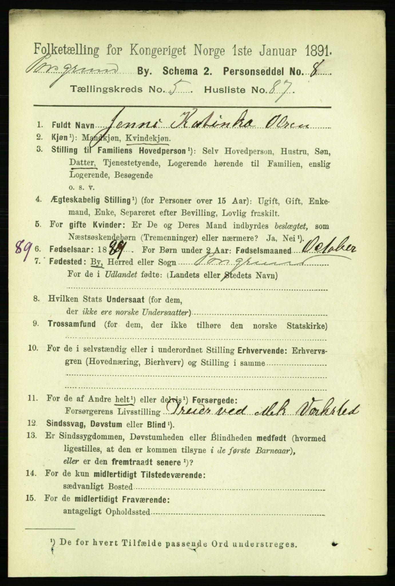 RA, 1891 census for 0805 Porsgrunn, 1891, p. 5093