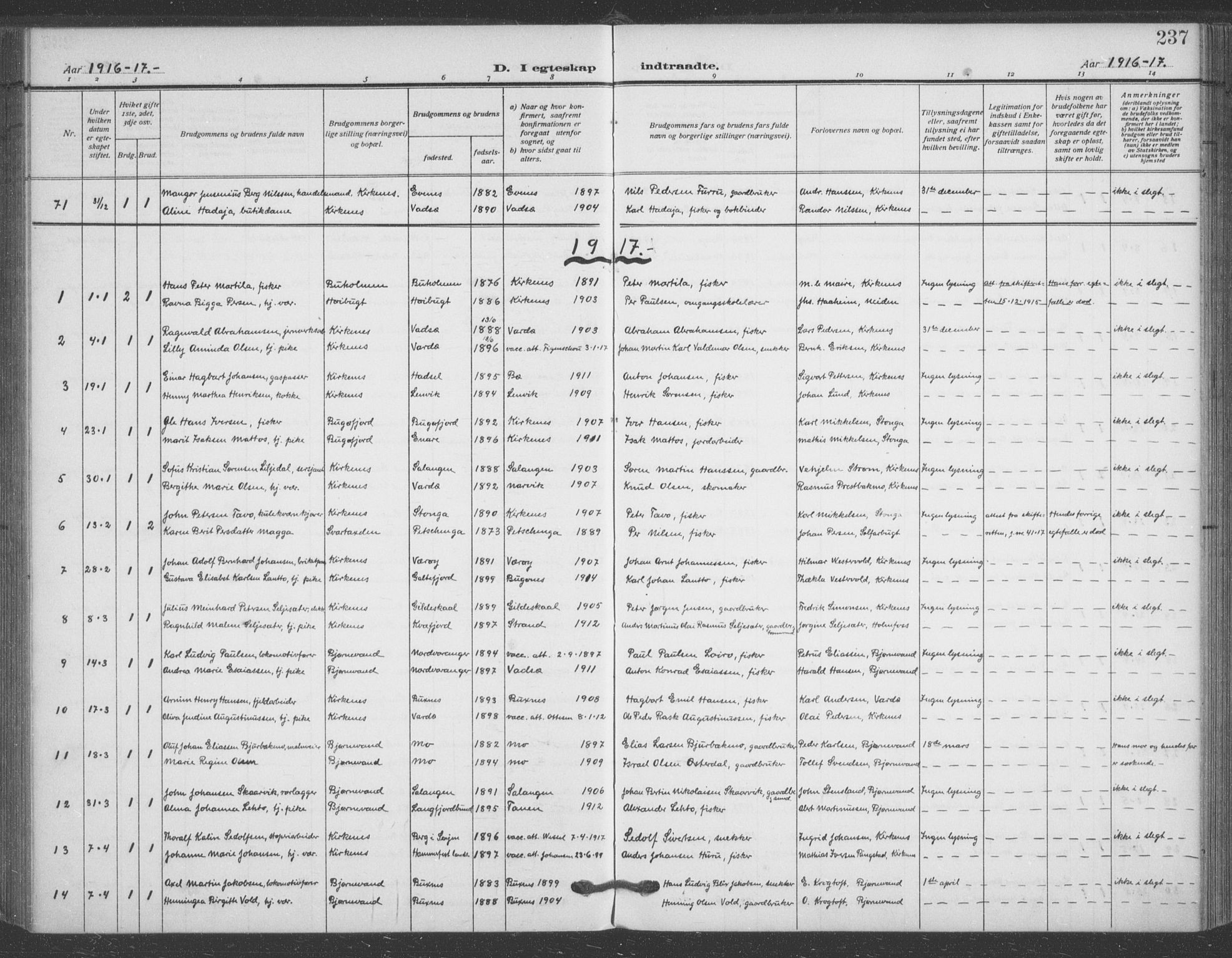 Sør-Varanger sokneprestkontor, SATØ/S-1331/H/Ha/L0005kirke: Parish register (official) no. 5, 1909-1919, p. 237