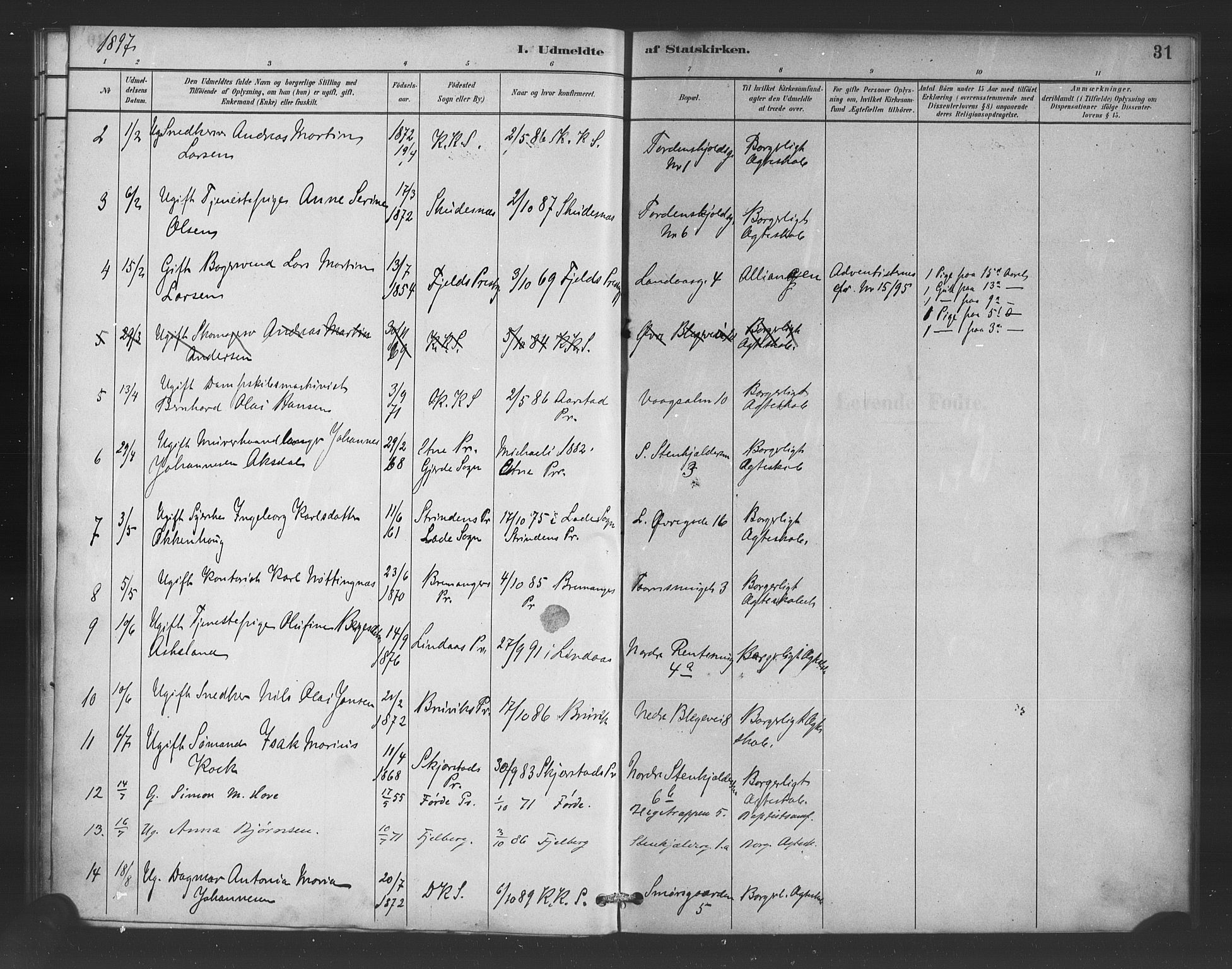 Korskirken sokneprestembete, AV/SAB-A-76101/H/Haa/L0052: Parish register (official) no. G 2, 1887-1899, p. 31