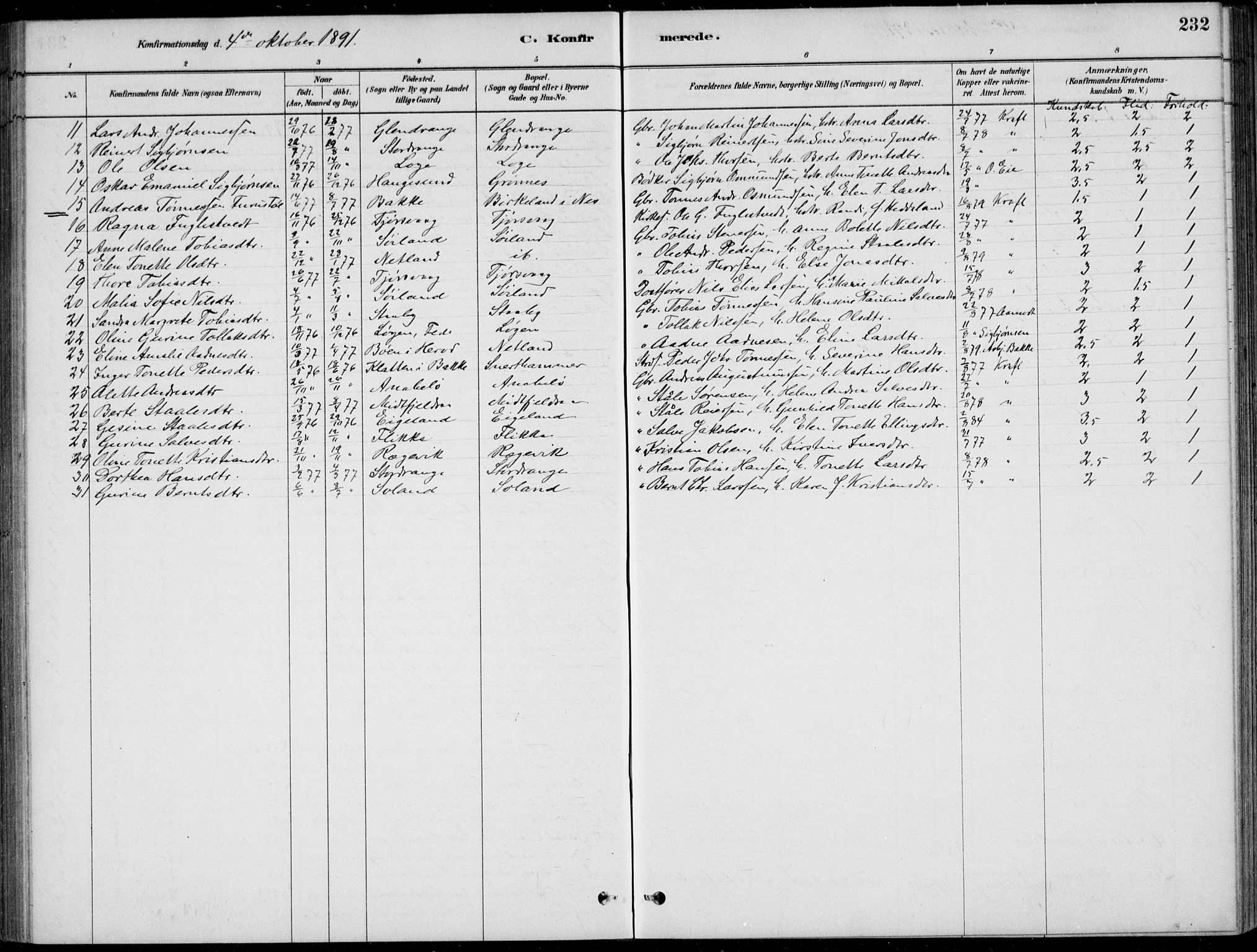 Flekkefjord sokneprestkontor, SAK/1111-0012/F/Fb/Fbc/L0007: Parish register (copy) no. B 7, 1880-1902, p. 232