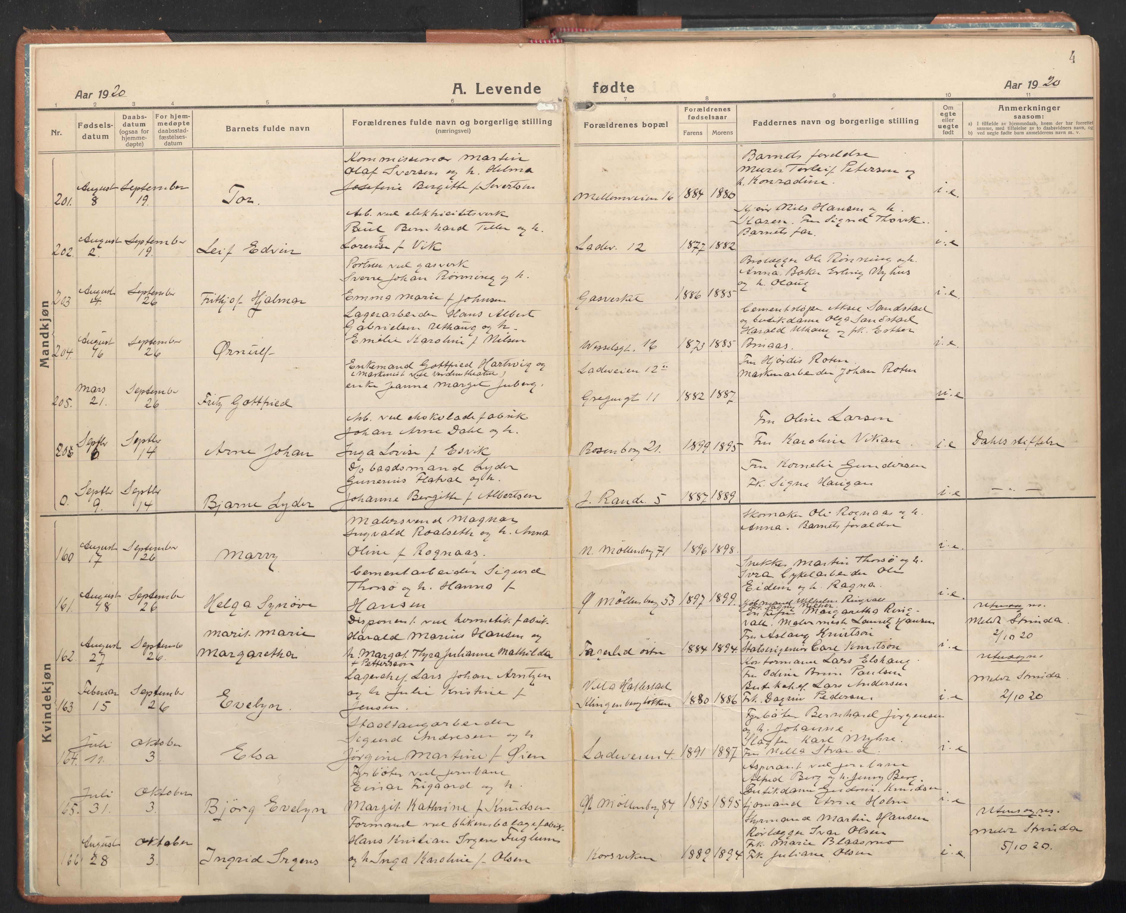 Ministerialprotokoller, klokkerbøker og fødselsregistre - Sør-Trøndelag, SAT/A-1456/605/L0248: Parish register (official) no. 605A10, 1920-1937, p. 4