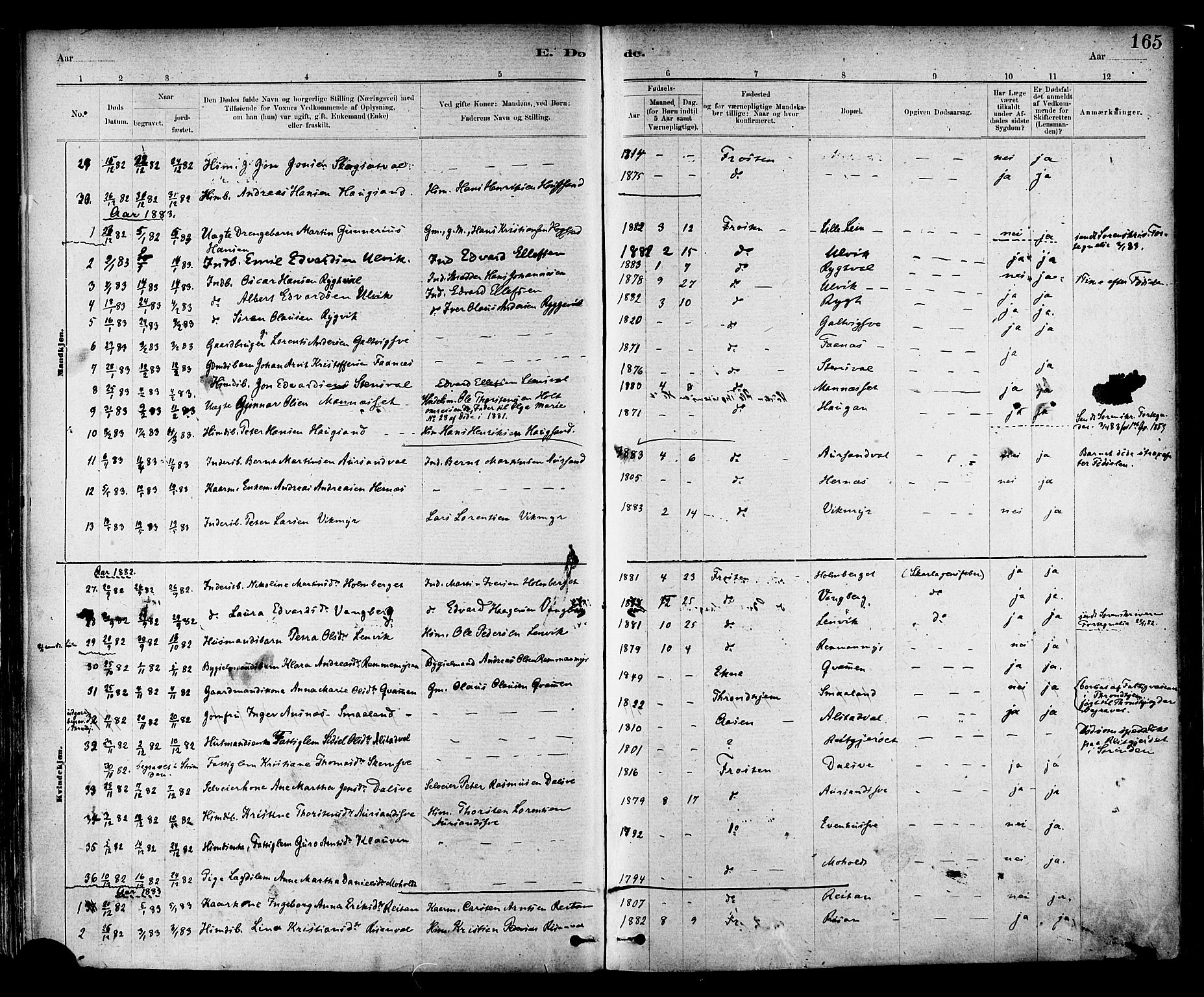 Ministerialprotokoller, klokkerbøker og fødselsregistre - Nord-Trøndelag, SAT/A-1458/713/L0120: Parish register (official) no. 713A09, 1878-1887, p. 165