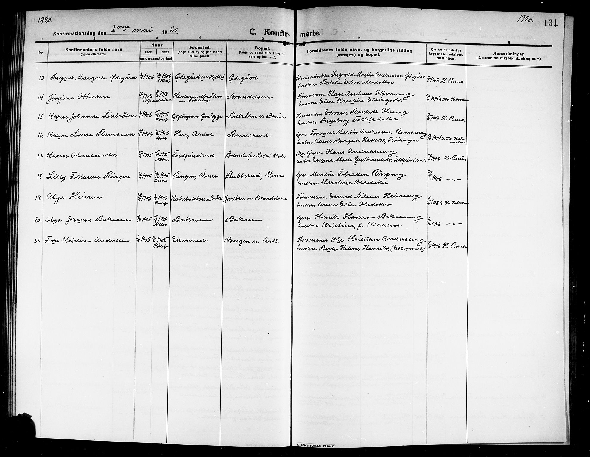 Norderhov kirkebøker, SAKO/A-237/G/Ga/L0009: Parish register (copy) no. I 9, 1913-1920, p. 131