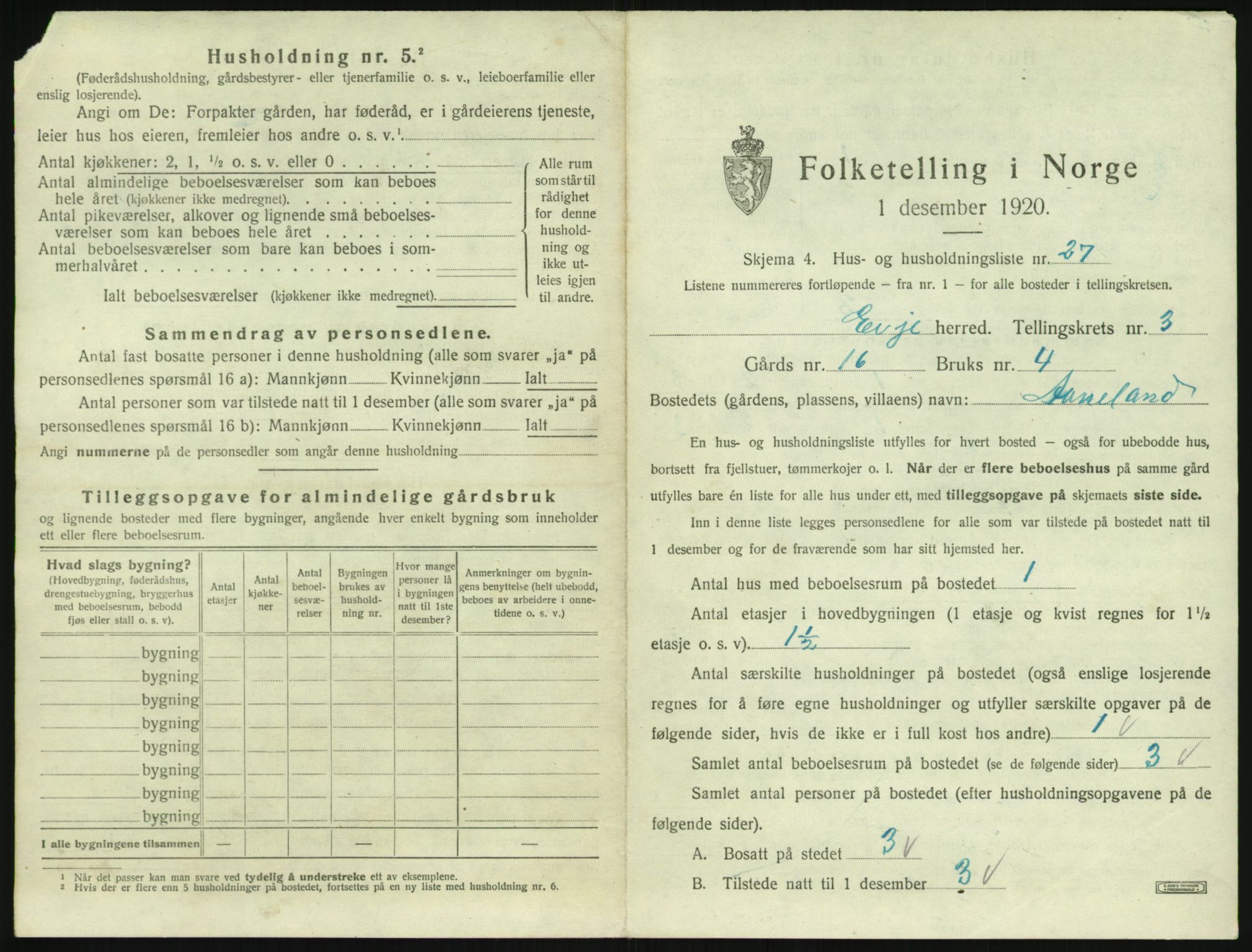 SAK, 1920 census for Evje, 1920, p. 158