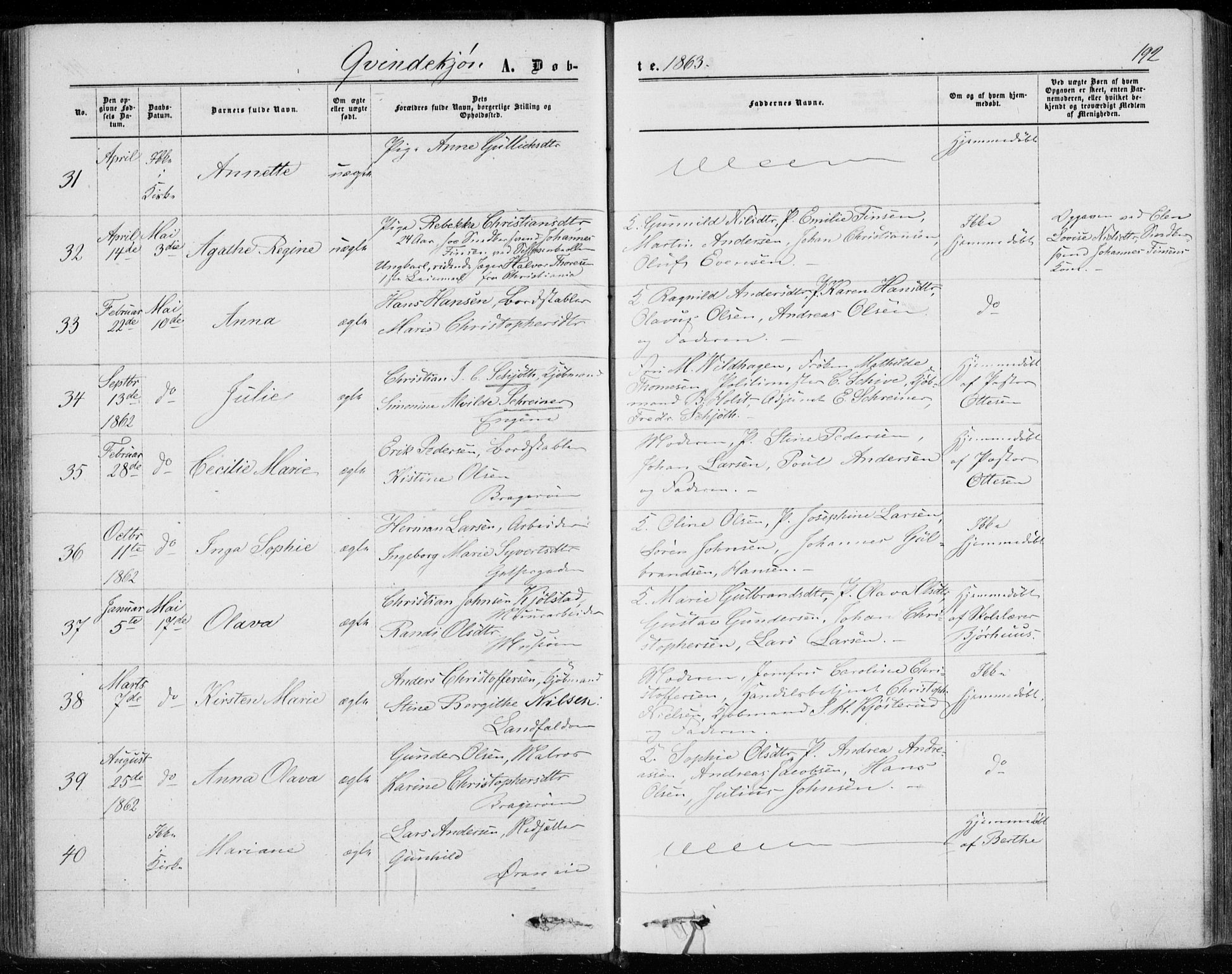 Bragernes kirkebøker, AV/SAKO-A-6/F/Fb/L0003: Parish register (official) no. II 3, 1860-1868, p. 192