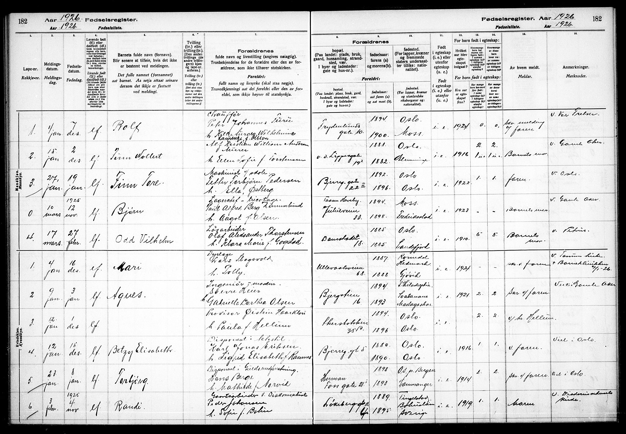 Gamle Aker prestekontor Kirkebøker, SAO/A-10617a/J/L0001: Birth register no. 1, 1916-1927, p. 182