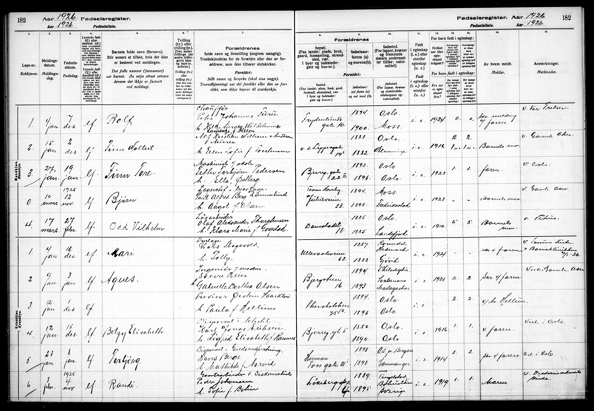 Gamle Aker prestekontor Kirkebøker, AV/SAO-A-10617a/J/L0001: Birth register no. 1, 1916-1927, p. 182