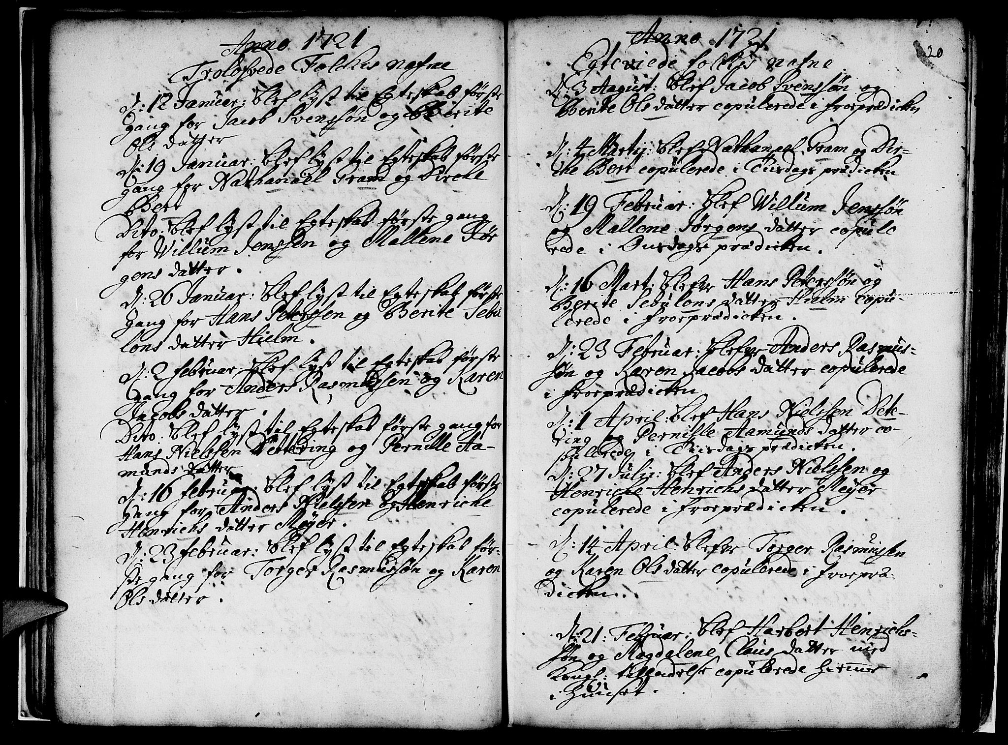 Nykirken Sokneprestembete, AV/SAB-A-77101/H/Haa/L0007: Parish register (official) no. A 7, 1719-1781, p. 20