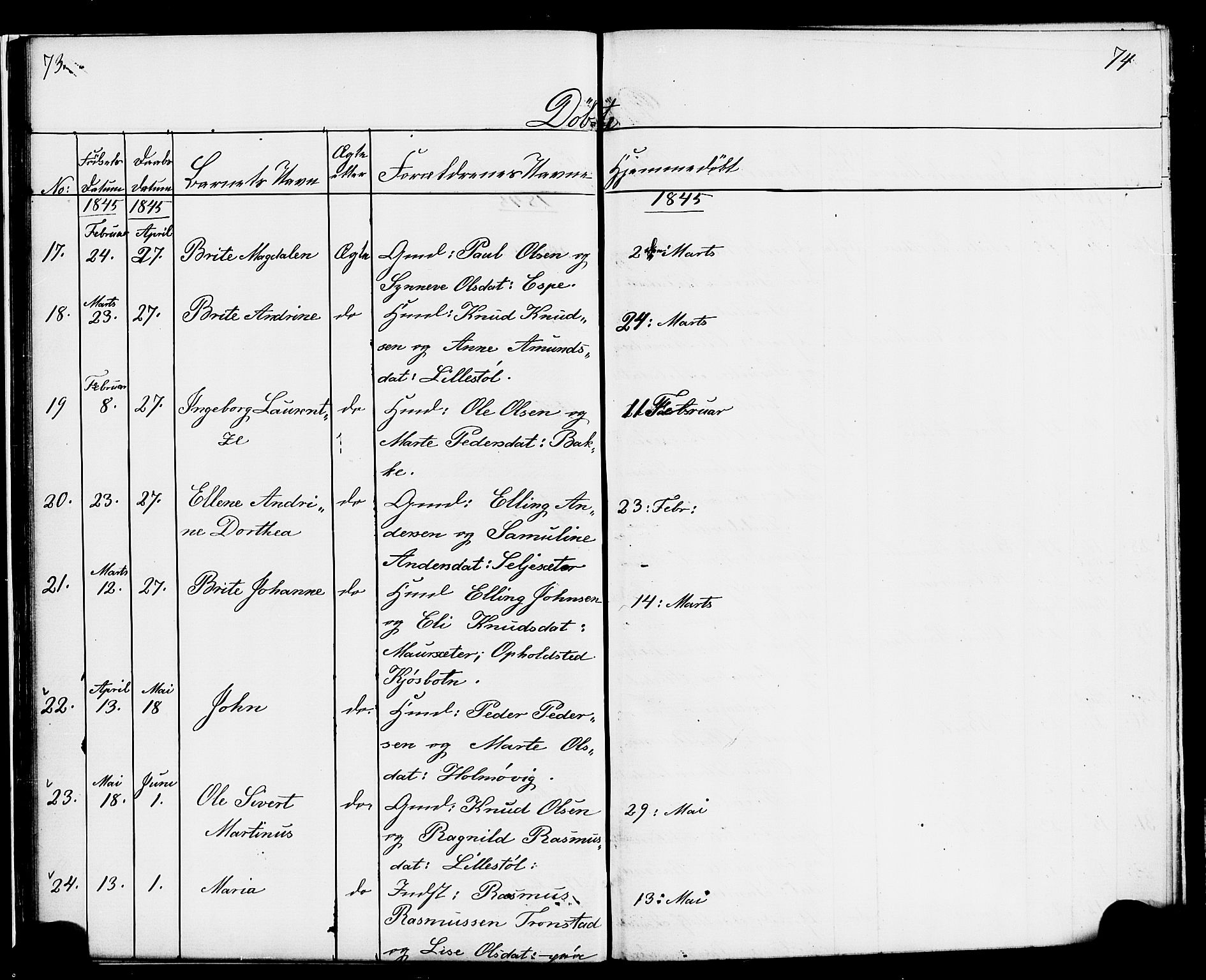 Hornindal sokneprestembete, AV/SAB-A-82401/H/Haa/Haaa/L0001: Parish register (official) no. A 1, 1837-1866, p. 74-75